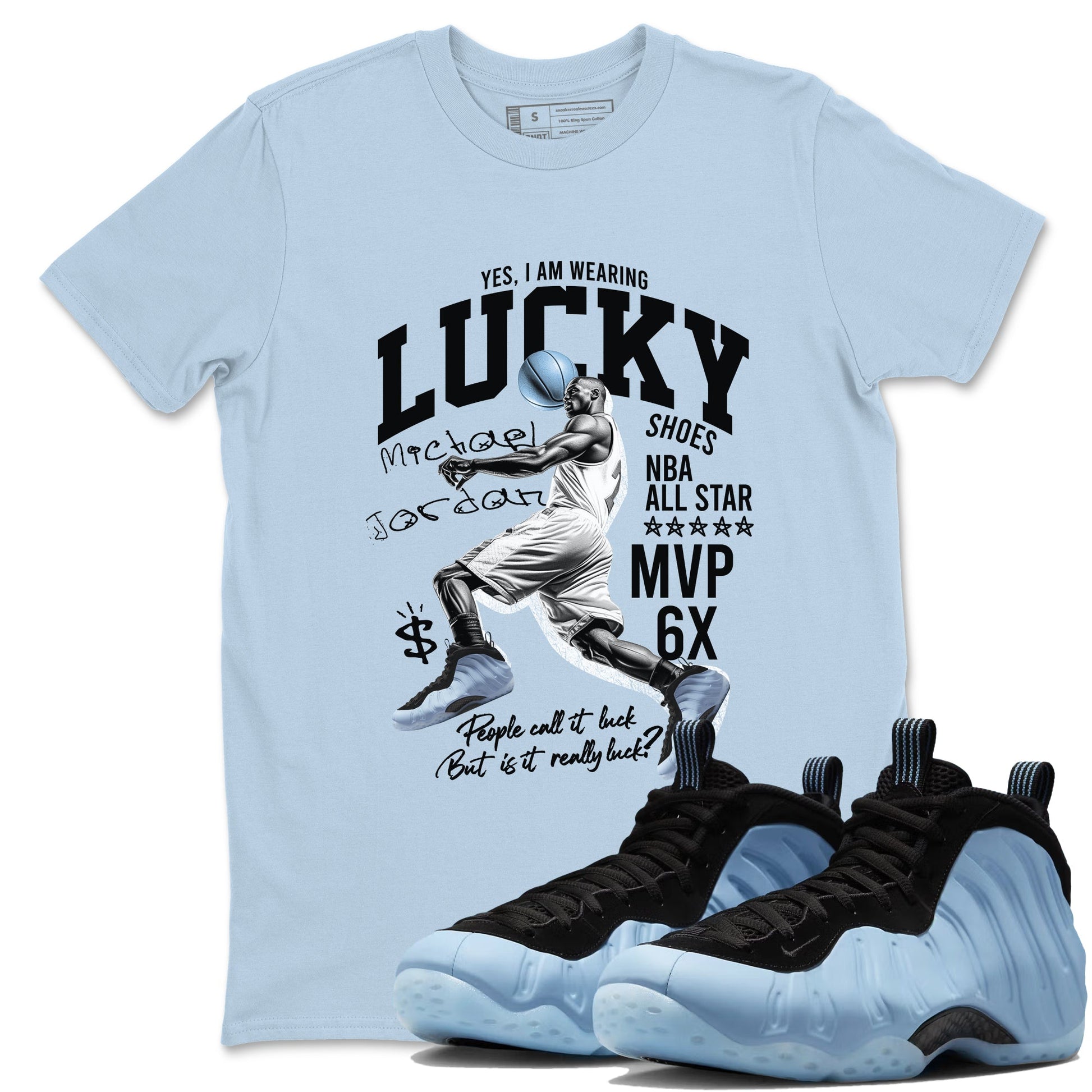 Lucky Player sneaker match t-shirt styled to complete your fit with the Air Foamposite One Psychic Blue sneakers, shown in Light Blue 1.