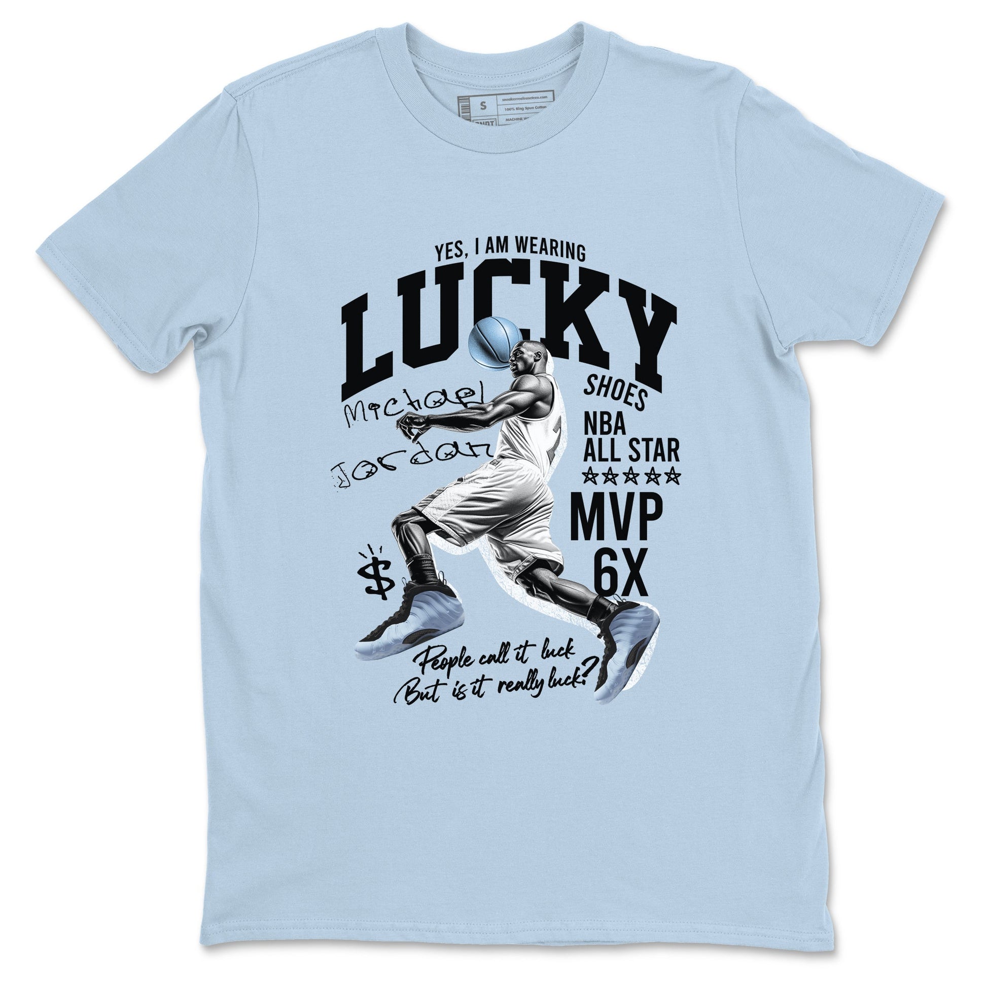 Lucky Player sneaker match t-shirt styled to complete your fit with the Air Foamposite One Psychic Blue sneakers, shown in Light Blue 2.
