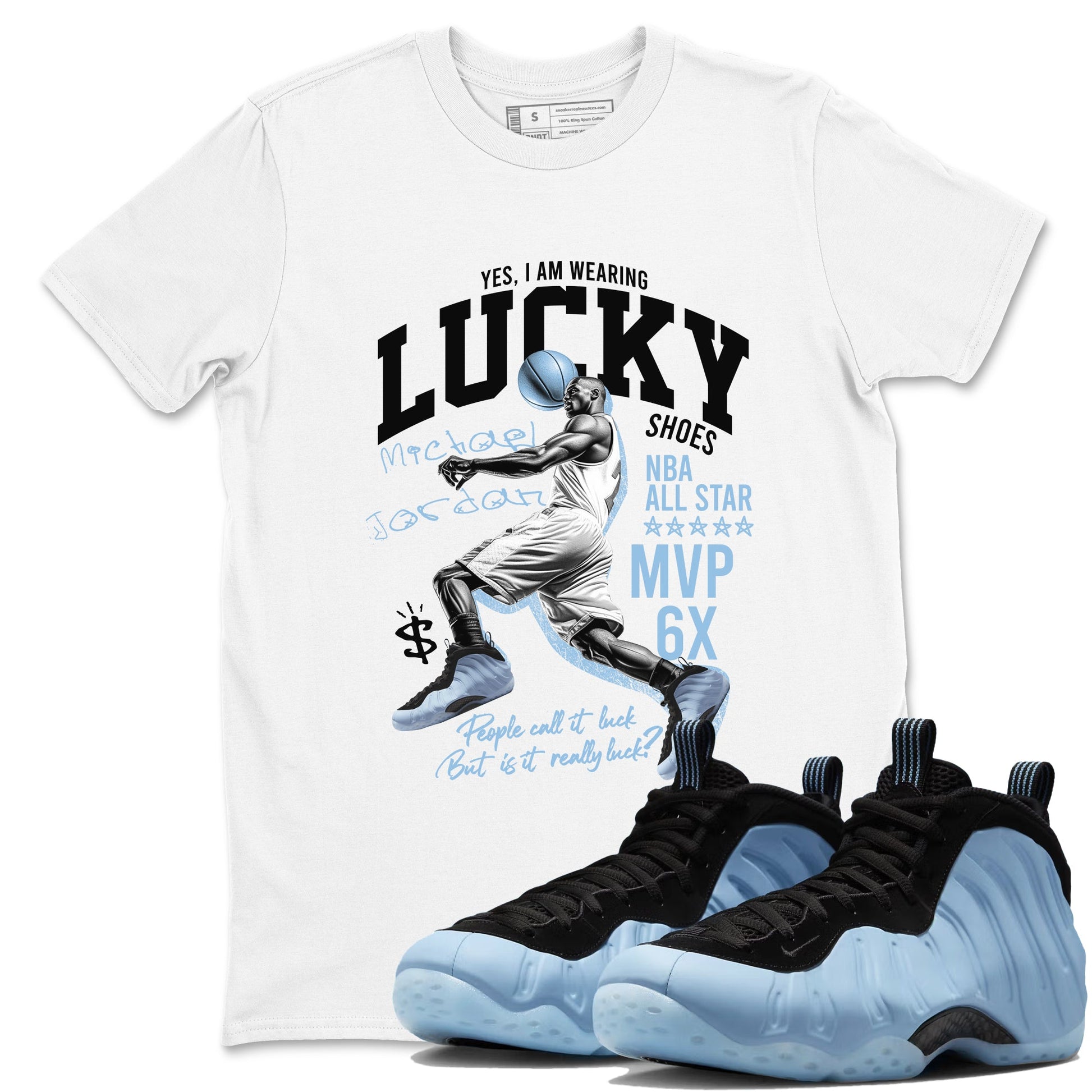 Lucky Player sneaker match t-shirt styled to complete your fit with the Air Foamposite One Psychic Blue sneakers, shown in White 1.