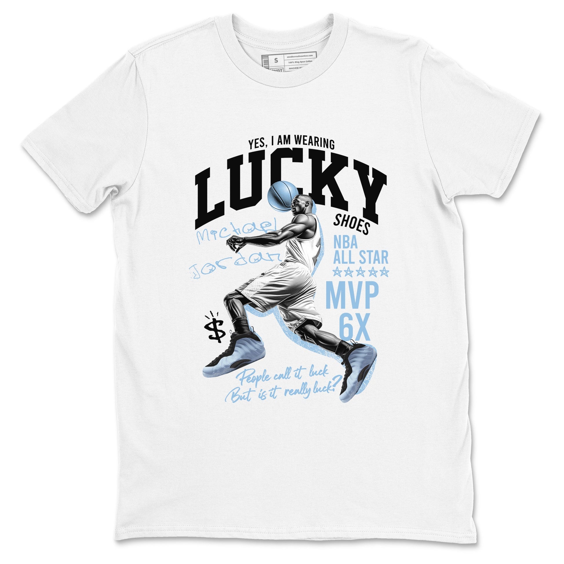 Lucky Player sneaker match t-shirt styled to complete your fit with the Air Foamposite One Psychic Blue sneakers, shown in White 2.