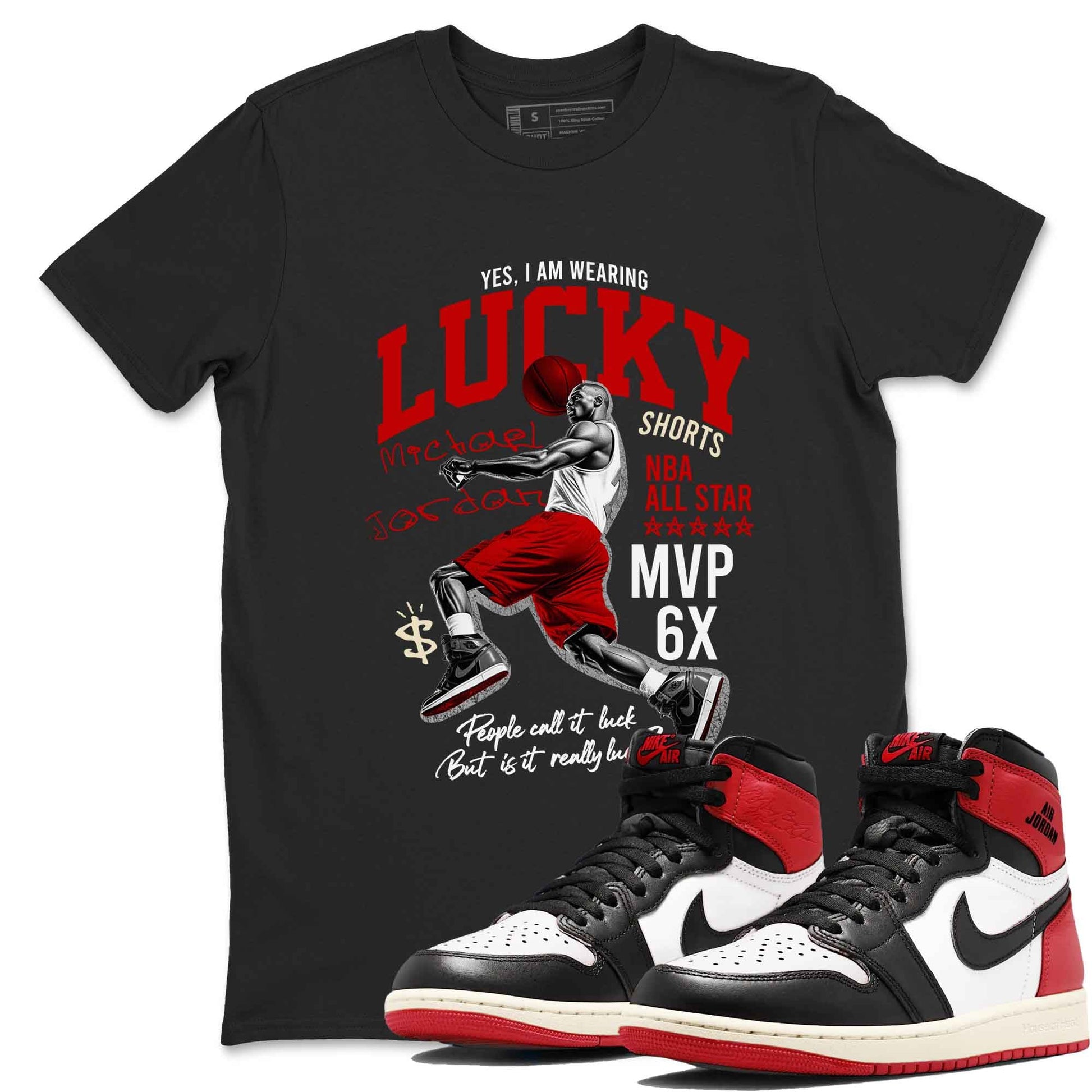 1s Black Toe Reimagined shirts to match jordans Lucky Player best t shirts to wear with jordans AJ1 High OG Black Toe Reimagined match shoes to clothes SNRT Sneaker Tees unisex cotton Black 1 shirts