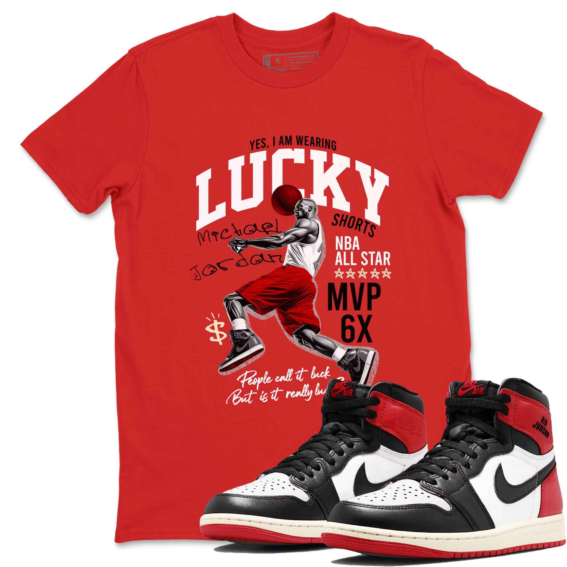 1s Black Toe Reimagined shirts to match jordans Lucky Player best t shirts to wear with jordans AJ1 High OG Black Toe Reimagined match shoes to clothes SNRT Sneaker Tees unisex cotton Red 1 shirts