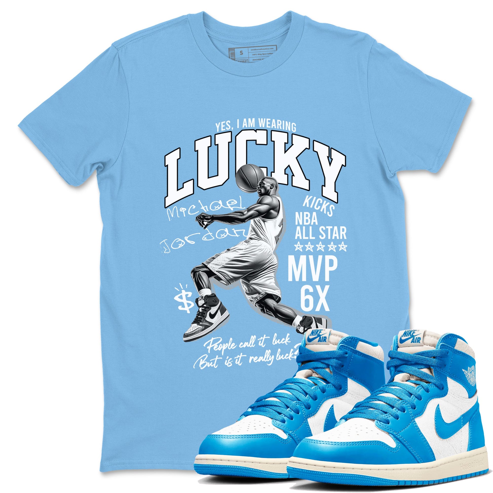 Air Jordan 1 UNC Toe Reimagined shirts to match jordans Lucky Player graphic tees Air Jordan 1 UNC Toe Reimagined match shoes to clothes SNRT Sneaker Tees unisex cotton Carolina Blue 1 shirts