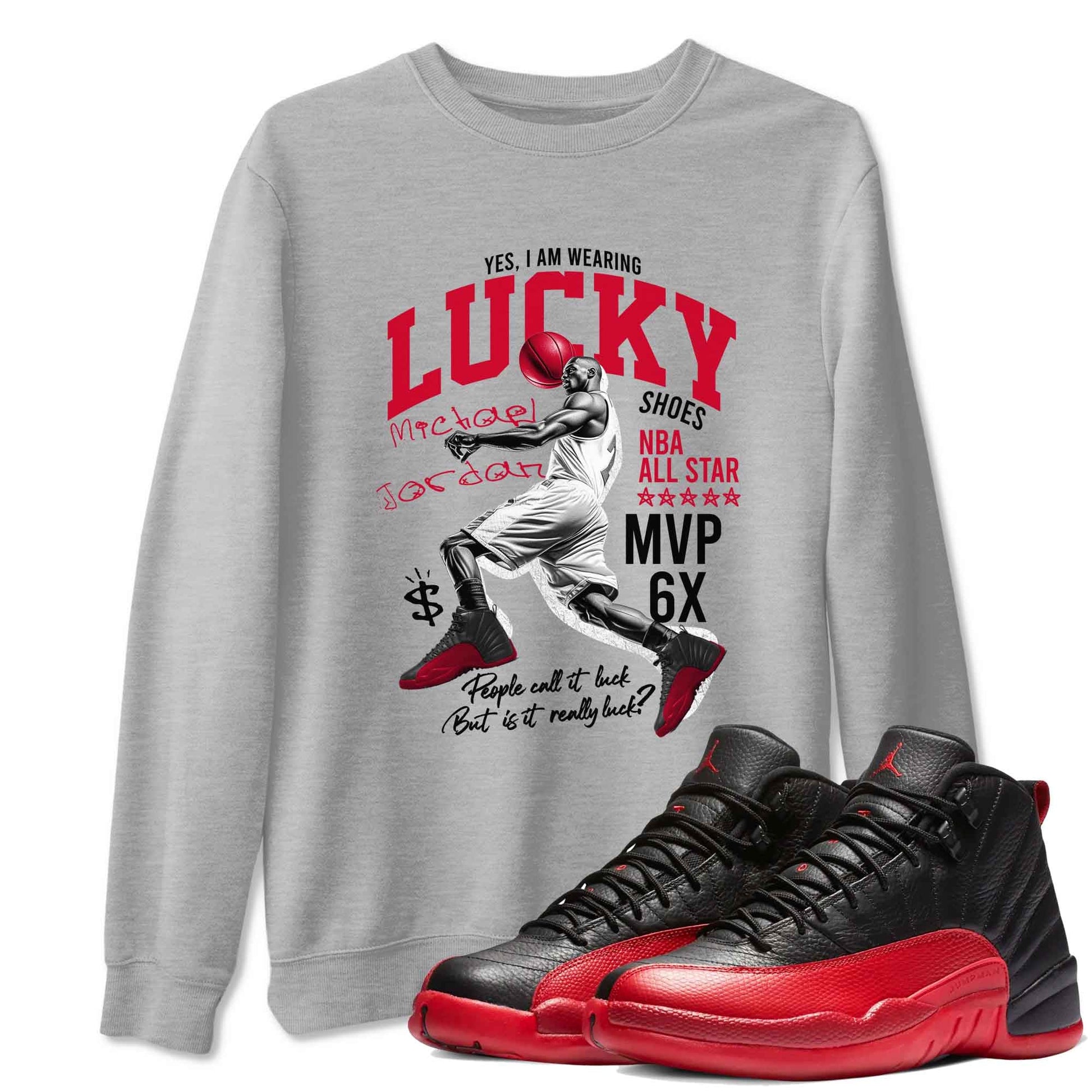 12s Flu Game shirts to match jordans Lucky Player best t shirts to wear with jordans Air Jordan 12 Retro Flu Black and Varsity Red match shoes to clothes SNRT Sneaker Tees unisex cotton Heather Grey 1 shirts