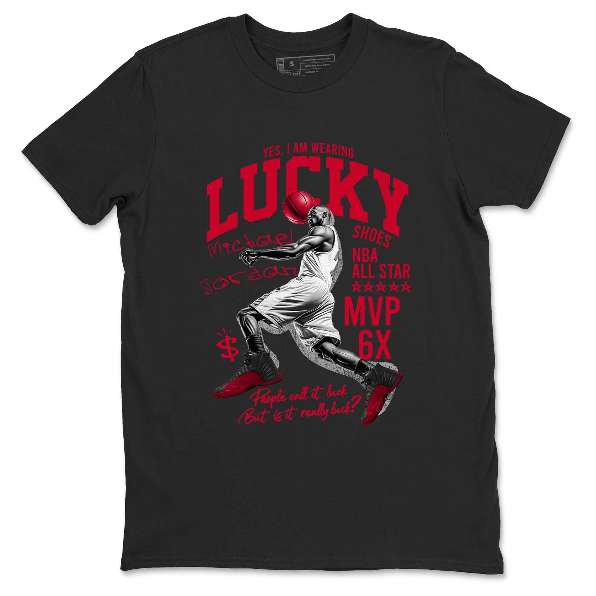 12s Flu Game shirts to match jordans Lucky Player best t shirts to wear with jordans Air Jordan 12 Retro Flu Black and Varsity Red match shoes to clothes SNRT Sneaker Tees unisex cotton Black 2 shirts