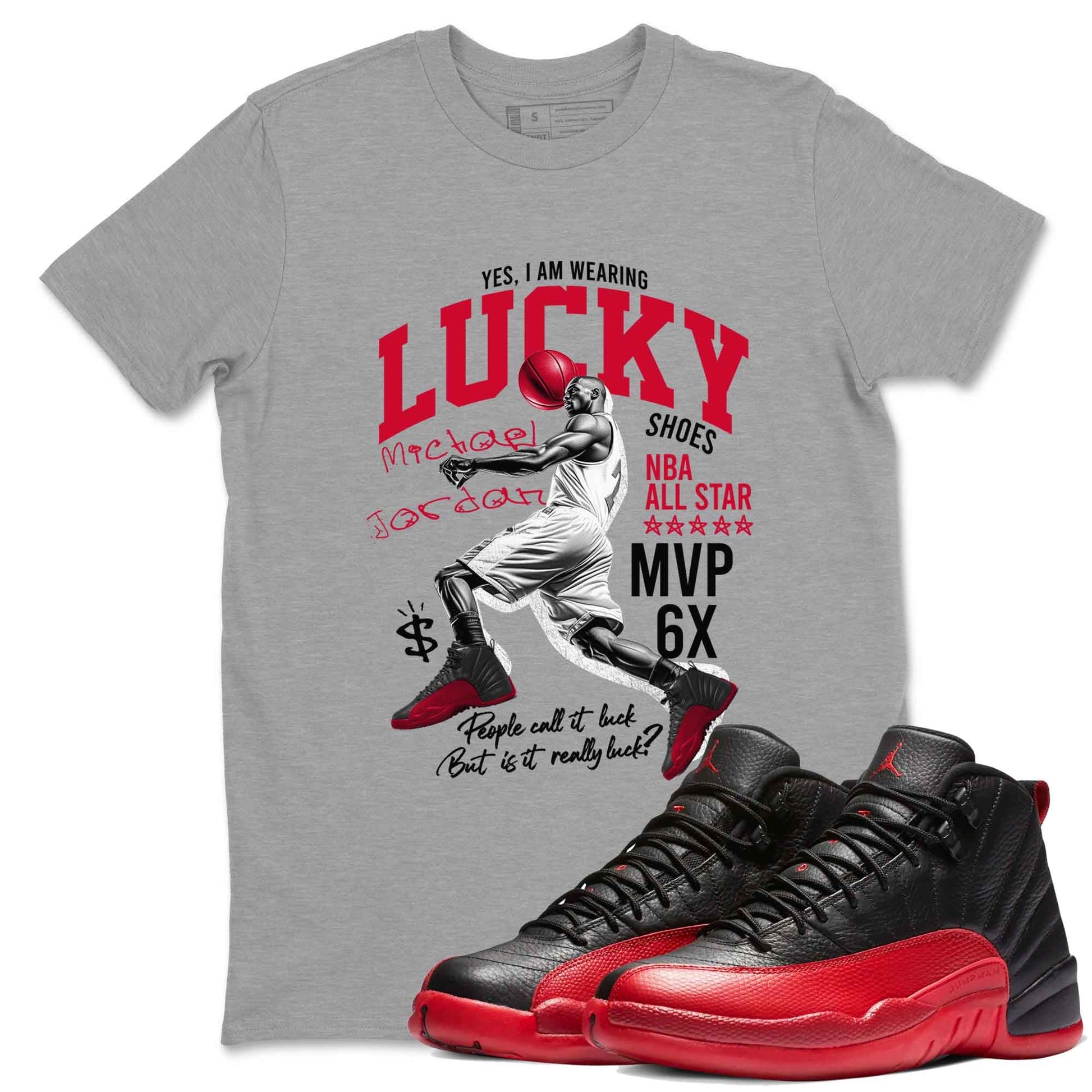 12s Flu Game shirts to match jordans Lucky Player best t shirts to wear with jordans Air Jordan 12 Retro Flu Black and Varsity Red match shoes to clothes SNRT Sneaker Tees unisex cotton Heather Grey 1 shirts