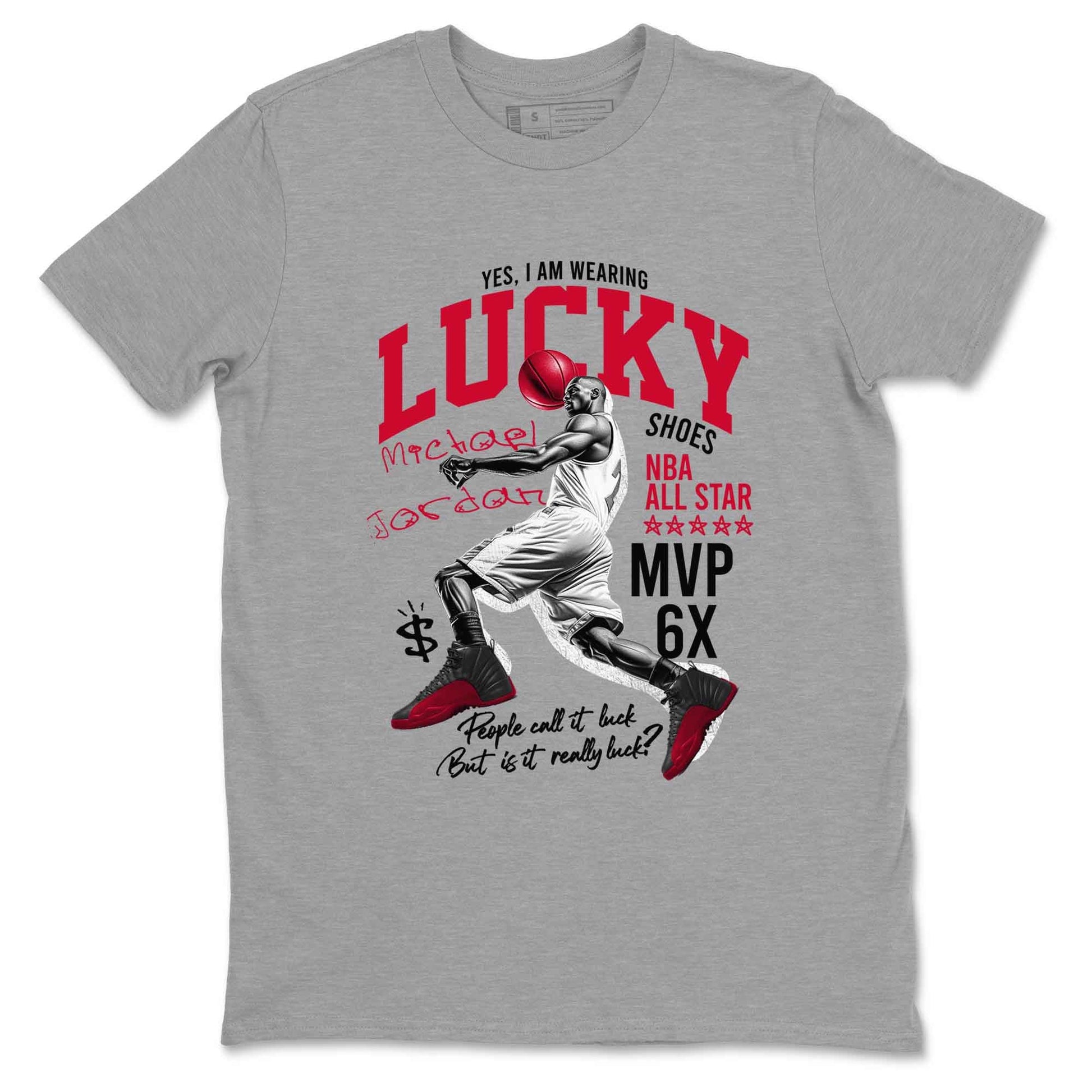 12s Flu Game shirts to match jordans Lucky Player best t shirts to wear with jordans Air Jordan 12 Retro Flu Black and Varsity Red match shoes to clothes SNRT Sneaker Tees unisex cotton Heather Grey 2 shirts