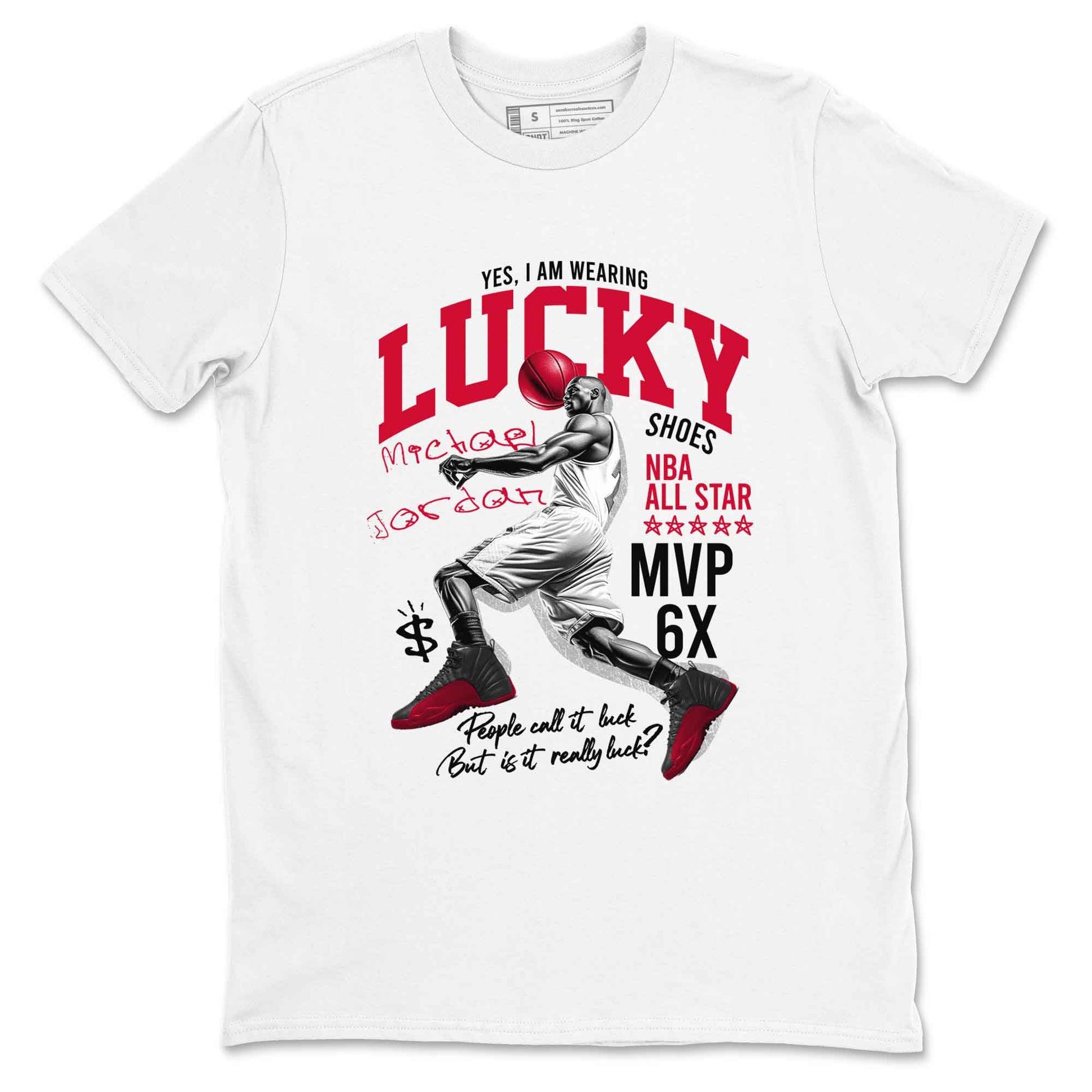 12s Flu Game shirts to match jordans Lucky Player best t shirts to wear with jordans Air Jordan 12 Retro Flu Black and Varsity Red match shoes to clothes SNRT Sneaker Tees unisex cotton White 2 shirts