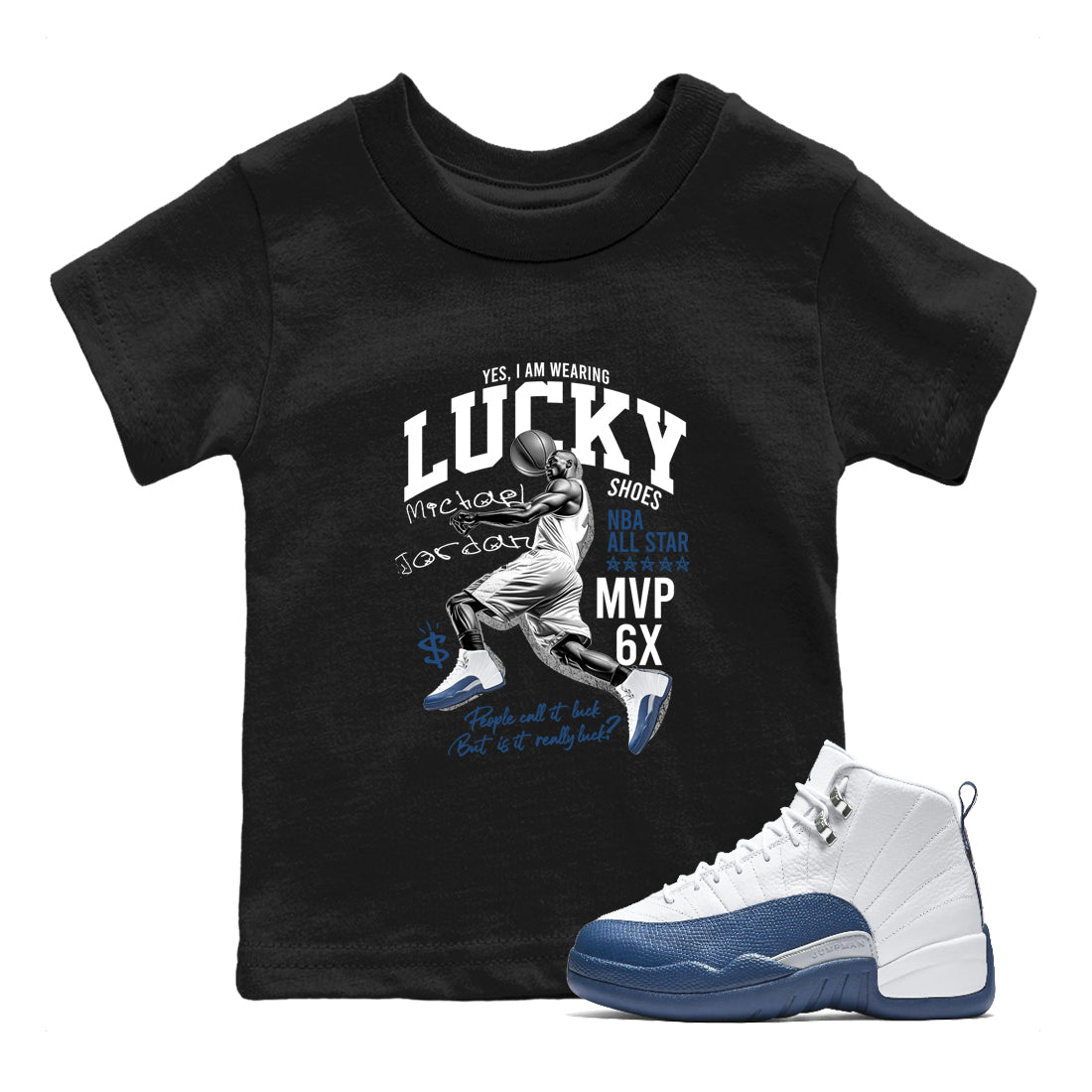 Sneaker match tees – Sneaker Tees To Match Air Jordan 12 French Blue Shoes – Lucky Player Kids T-Shirt Black 1