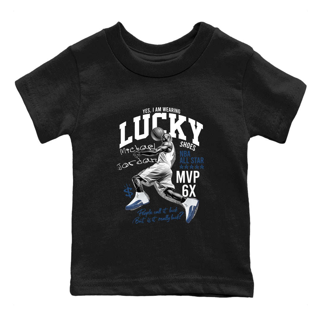 Sneaker match tees – Sneaker Tees To Match Air Jordan 12 French Blue Shoes – Lucky Player Kids T-Shirt Black 2