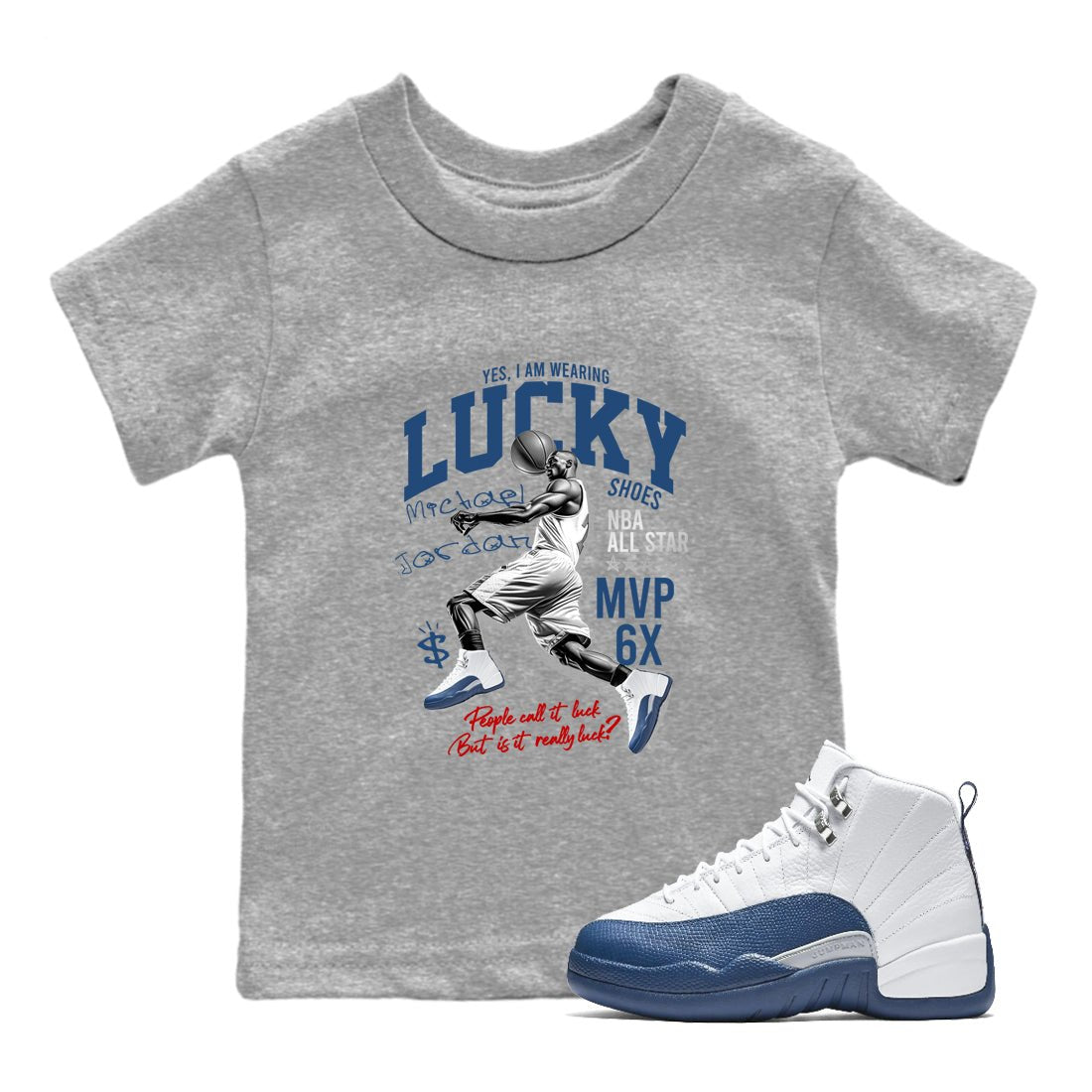 Sneaker match tees – Sneaker Tees To Match Air Jordan 12 French Blue Shoes – Lucky Player Kids T-Shirt Heather Grey 1