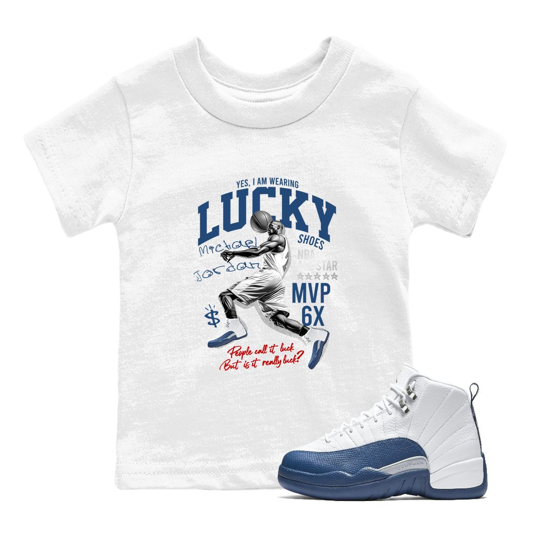 Sneaker match tees – Sneaker Tees To Match Air Jordan 12 French Blue Shoes – Lucky Player Kids T-Shirt White 1