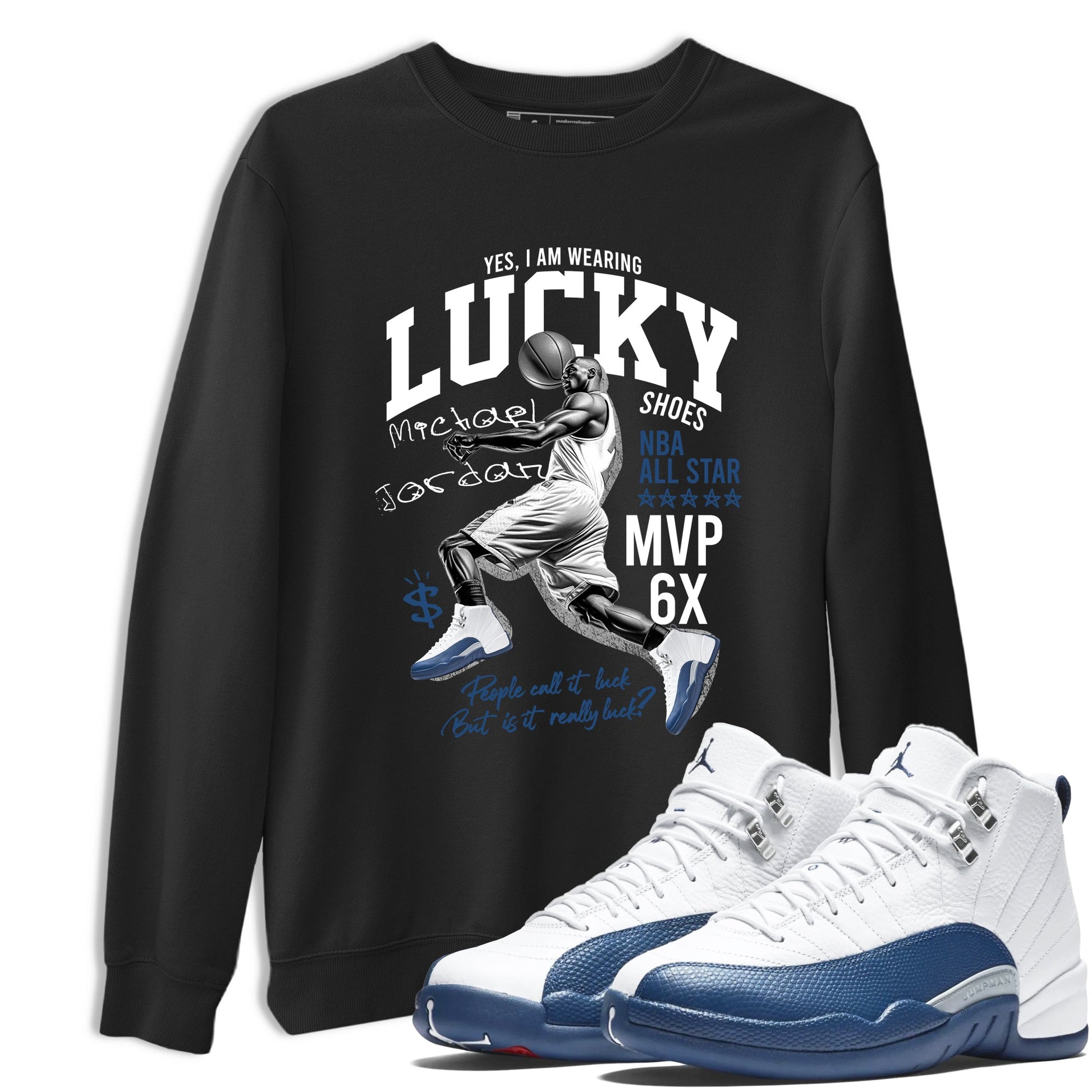 Sneaker match tees – Sneaker Tees To Match Air Jordan 12 French Blue Shoes – Lucky Player Tee Black 1