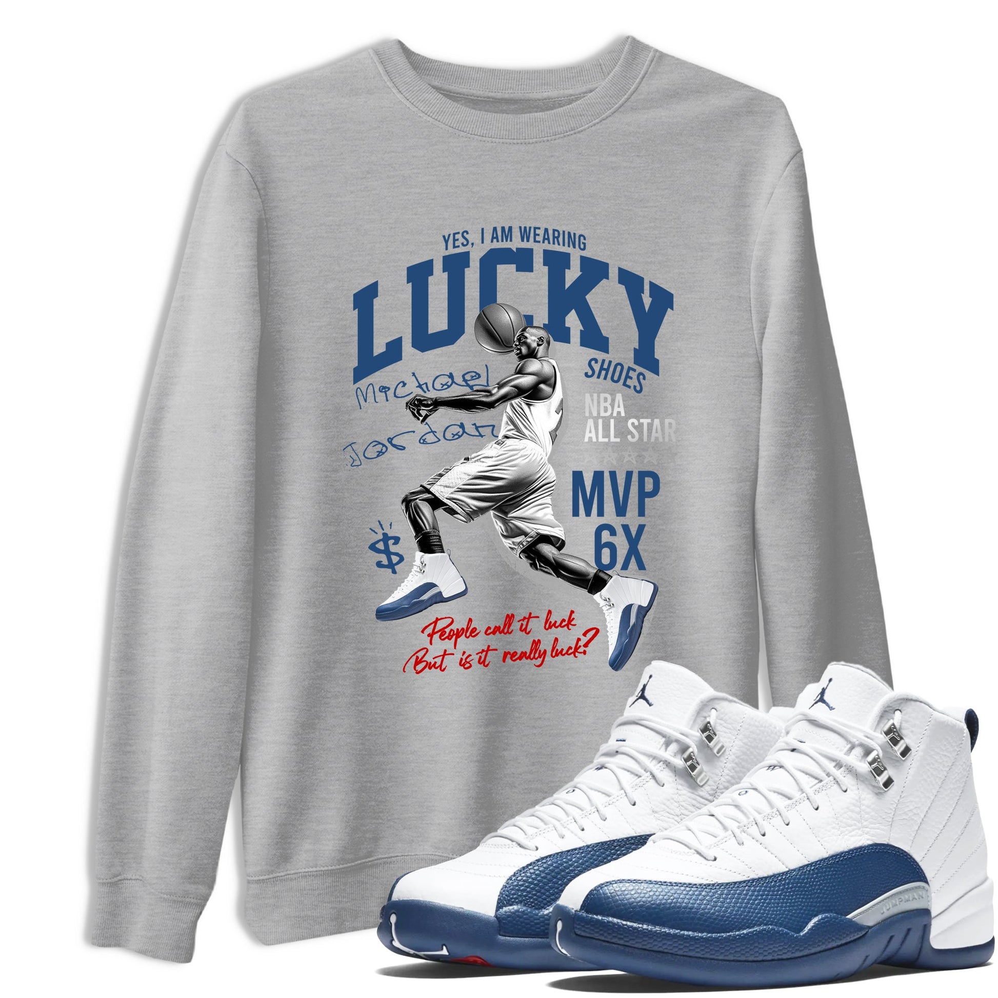 Sneaker match tees – Sneaker Tees To Match Air Jordan 12 French Blue Shoes – Lucky Player Tee Heather Grey 1