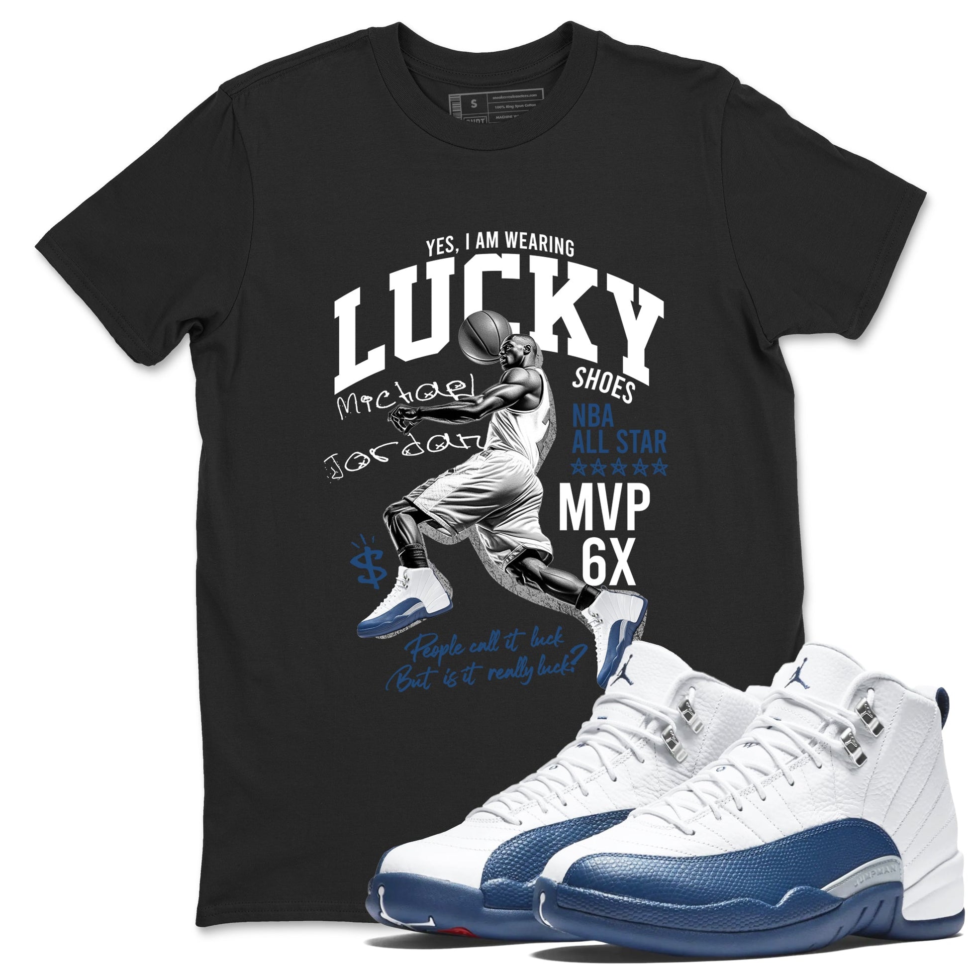 Sneaker match tees – Sneaker Tees To Match Air Jordan 12 French Blue Shoes – Lucky Player Tee Black 1