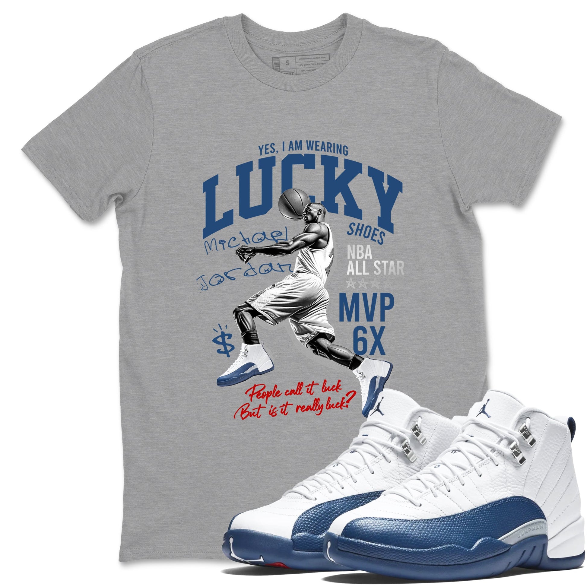 Sneaker match tees – Sneaker Tees To Match Air Jordan 12 French Blue Shoes – Lucky Player Tee Heather Grey 1