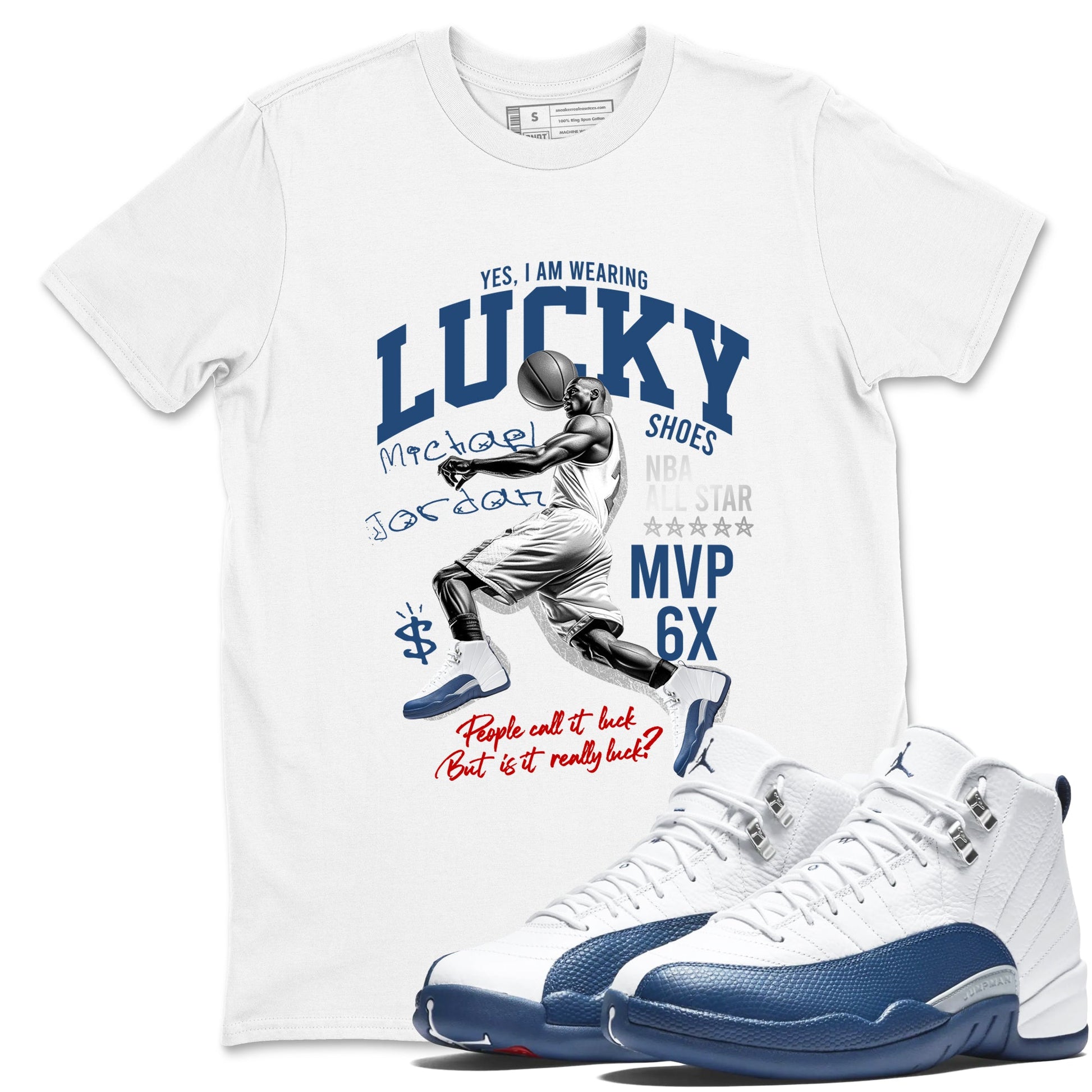 Sneaker match tees – Sneaker Tees To Match Air Jordan 12 French Blue Shoes – Lucky Player Tee White 1