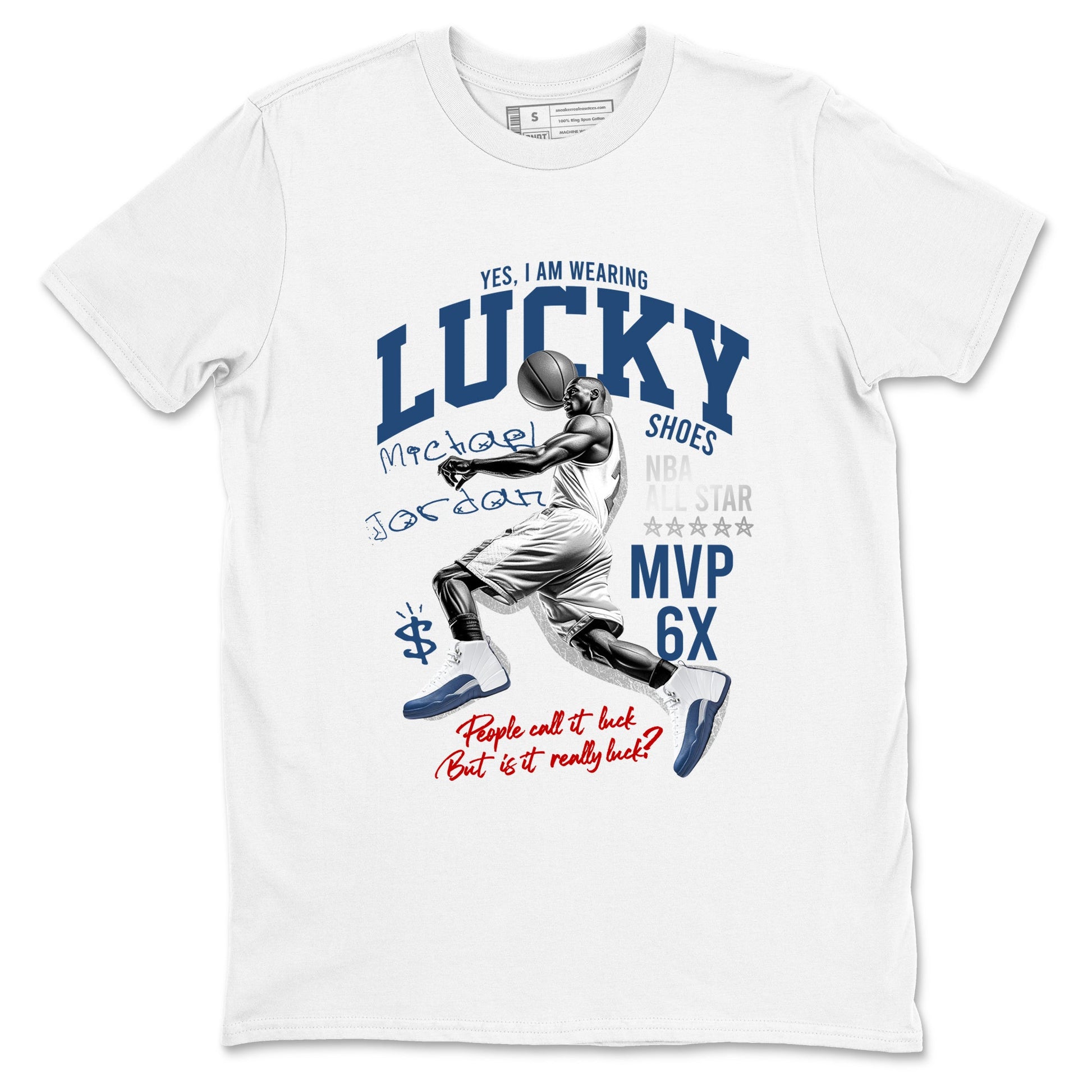 Sneaker match tees – Sneaker Tees To Match Air Jordan 12 French Blue Shoes – Lucky Player Tee White 2