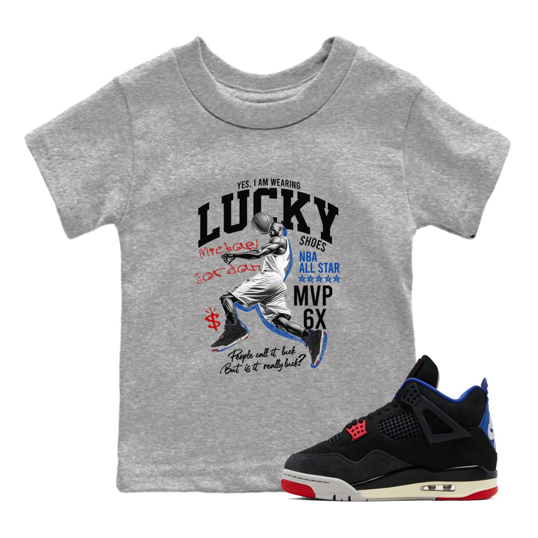 Sneaker match tees – Sneaker Tees To Match Jordan 4 Retro Rare Air Shoes – Lucky Player Kids T-Shirt Heather Grey 1