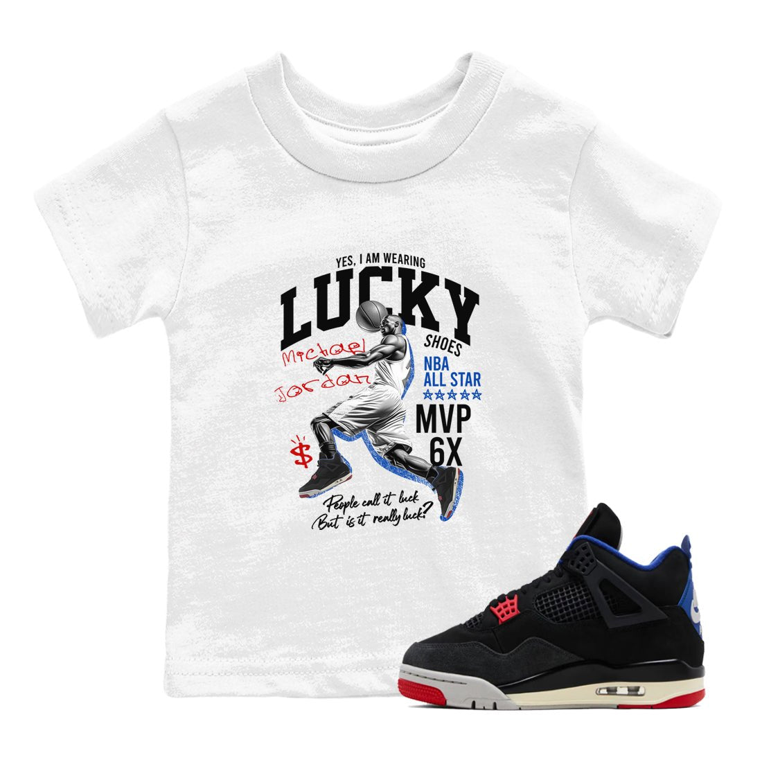Sneaker match tees – Sneaker Tees To Match Jordan 4 Retro Rare Air Shoes – Lucky Player Kids T-Shirt White 1
