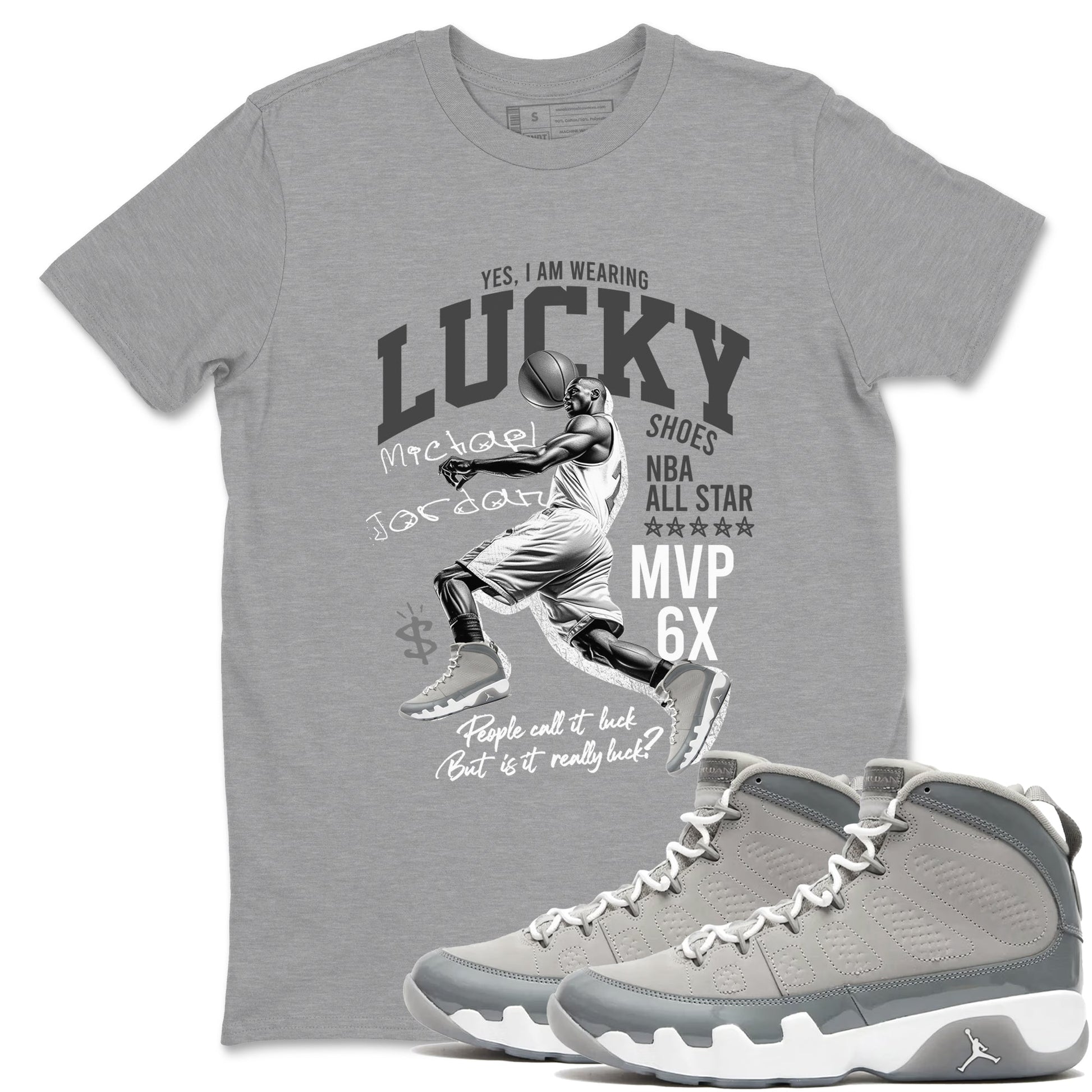 9s Cool Grey shirts to match jordans Lucky Player sneaker match tees Air Jordan 9 Retro Cool Grey match shoes to clothes SNRT Sneaker Tees unisex cotton Heather Grey 1 shirts