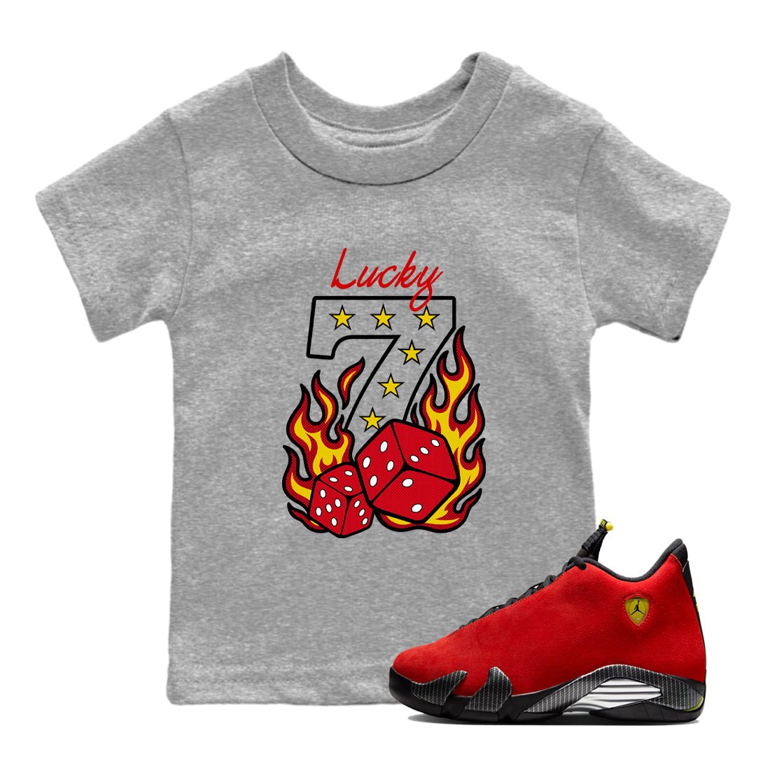 Lucky Seven baby and kids t-shirt crafted for little sneakerheads to shine with the Air Jordan 14 Challenge Red sneakers, displayed in Heather Grey 1.