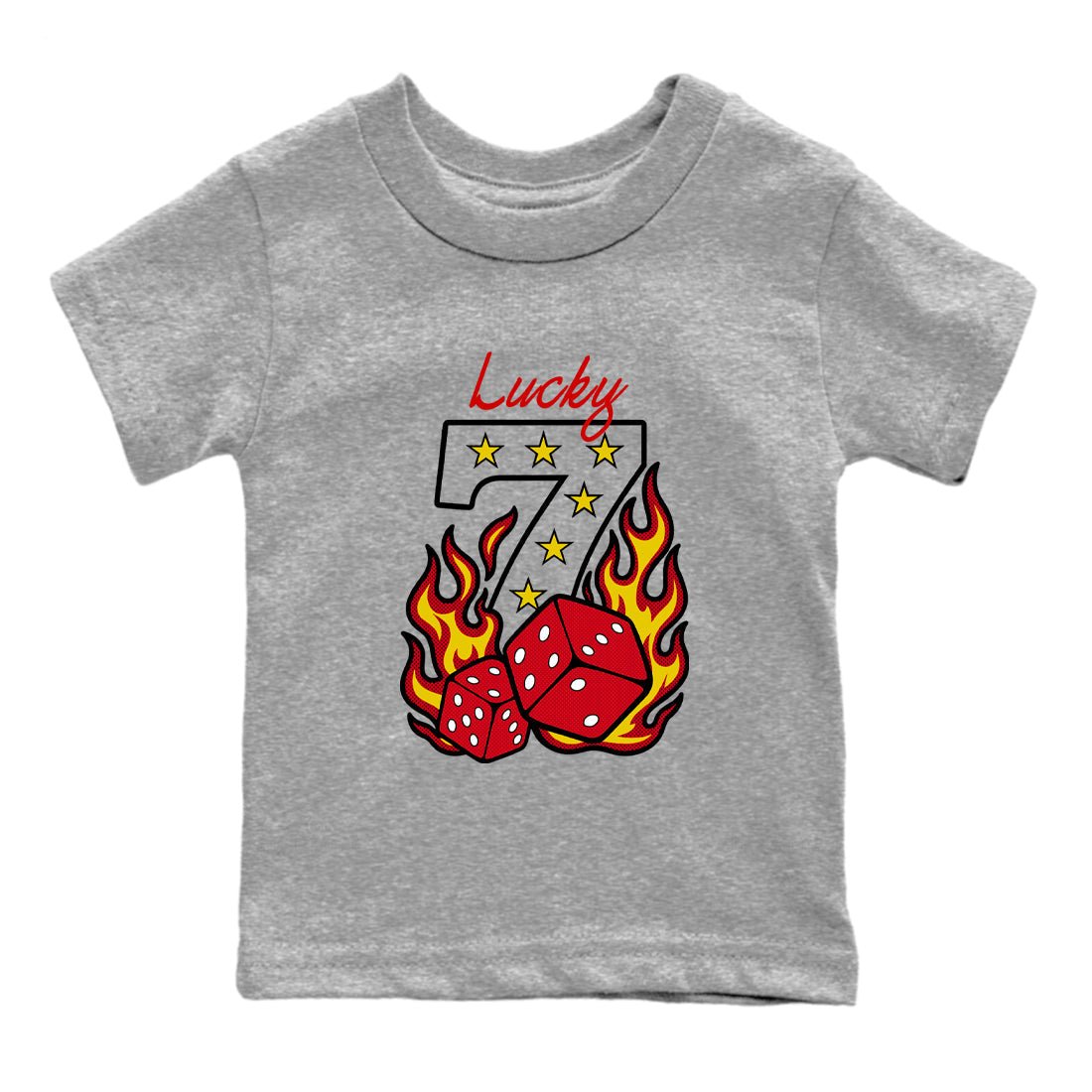 Lucky Seven baby and kids t-shirt crafted for little sneakerheads to shine with the Air Jordan 14 Challenge Red sneakers, displayed in Heather Grey 2.