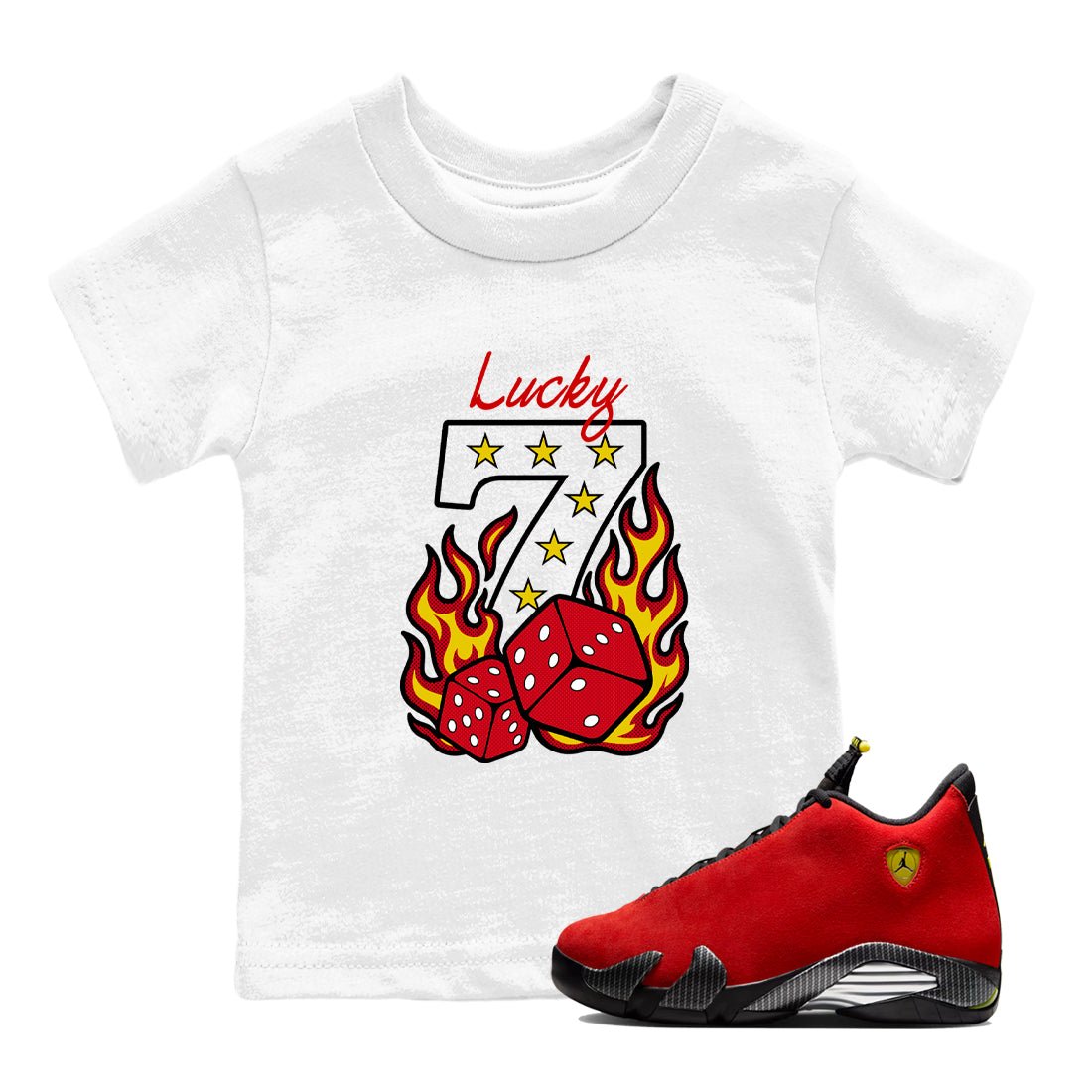Lucky Seven baby and kids t-shirt crafted for little sneakerheads to shine with the Air Jordan 14 Challenge Red sneakers, displayed in White 1.