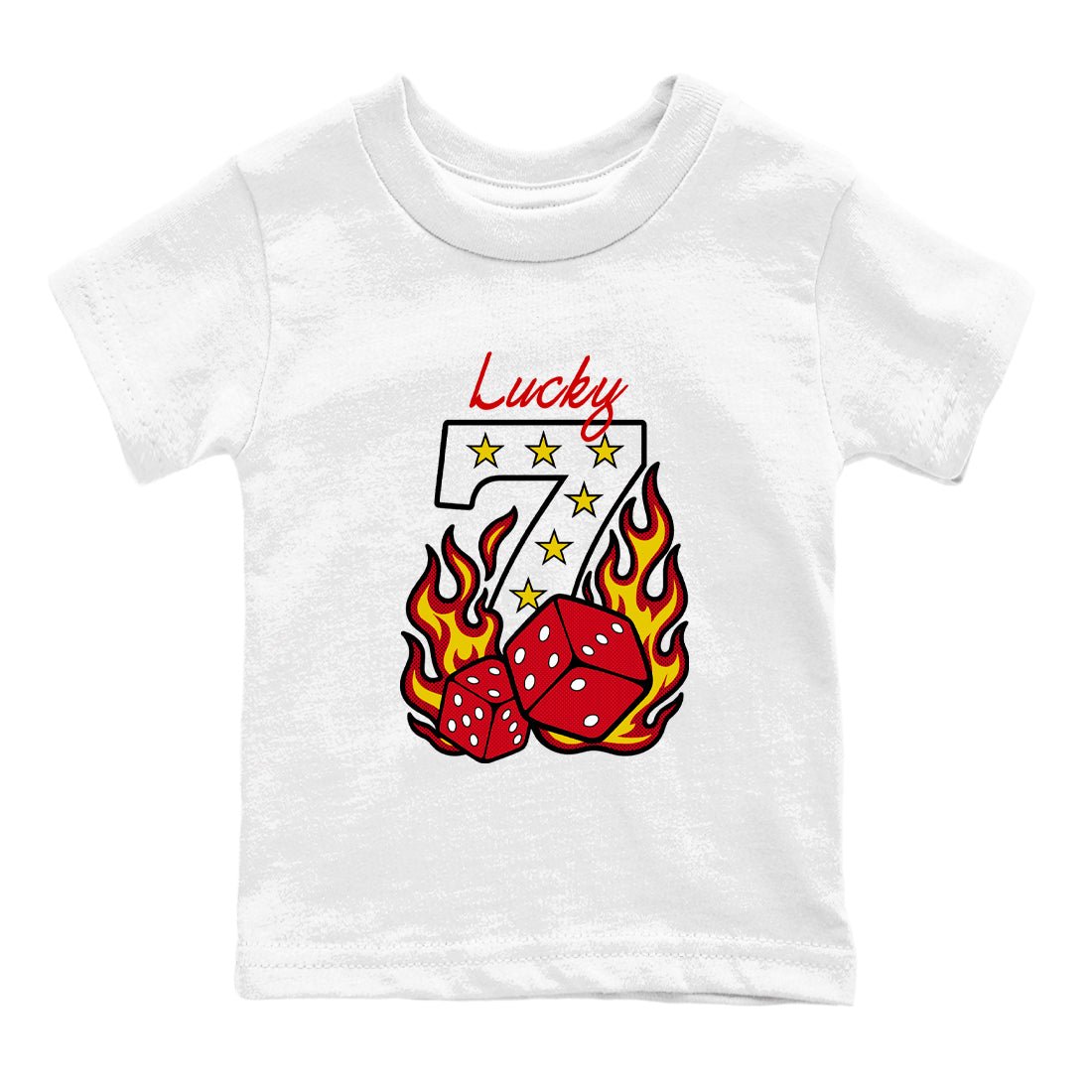 Lucky Seven baby and kids t-shirt crafted for little sneakerheads to shine with the Air Jordan 14 Challenge Red sneakers, displayed in White 2.