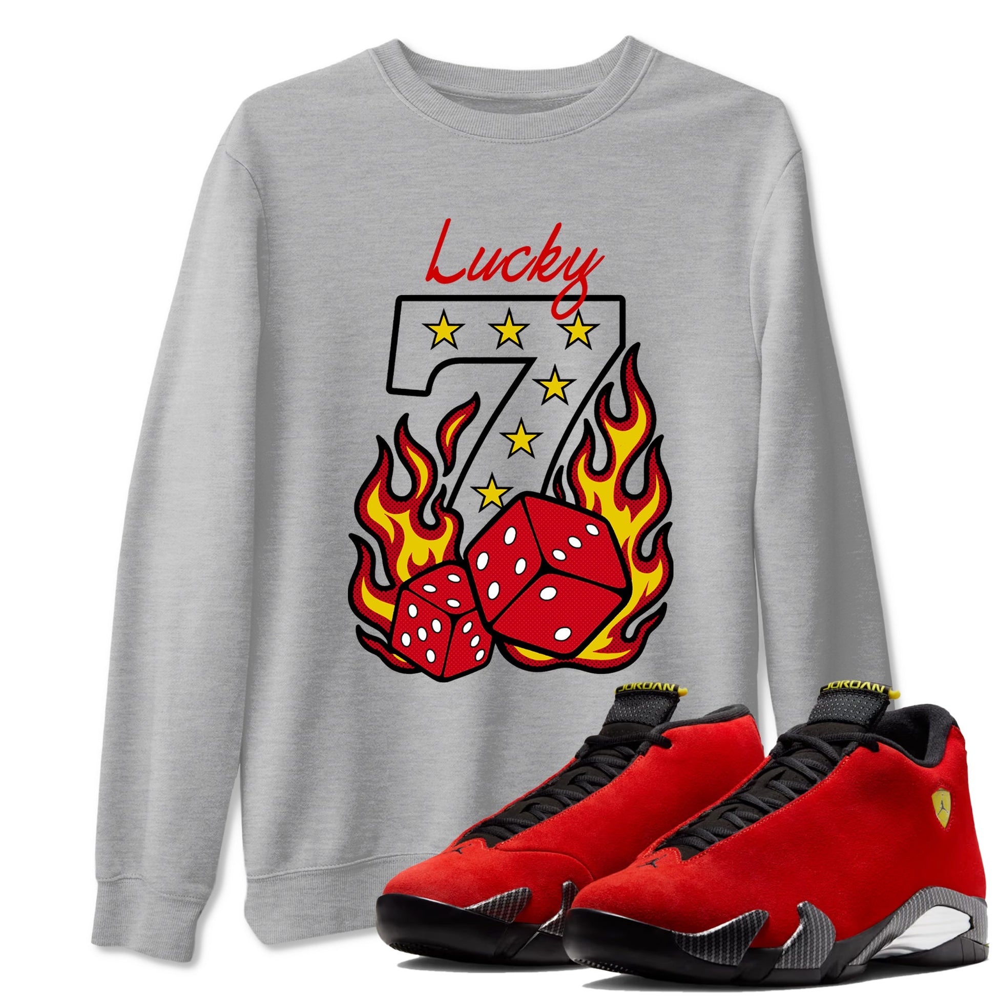 Lucky Seven sneaker match t-shirt styled to complete your fit with the Air Jordan 14 Challenge Red sneakers, shown in Heather Grey 1.