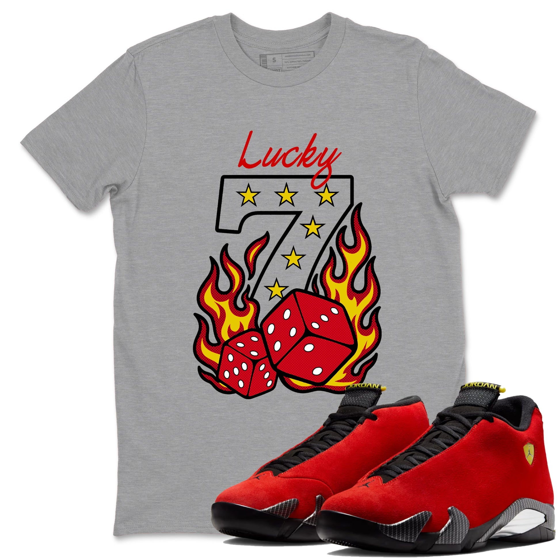 Lucky Seven sneaker match t-shirt styled to complete your fit with the Air Jordan 14 Challenge Red sneakers, shown in Heather Grey 1.