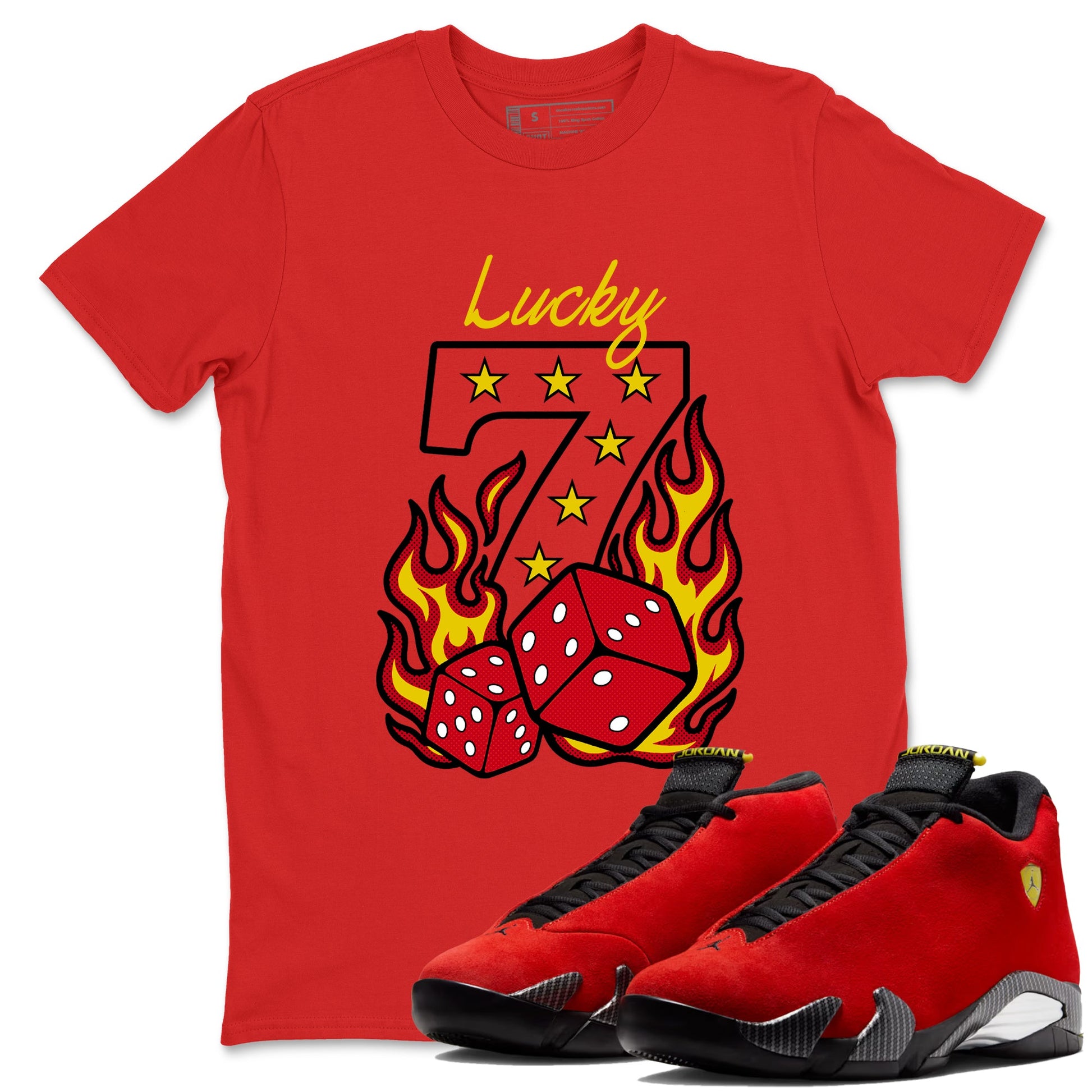 Lucky Seven sneaker match t-shirt styled to complete your fit with the Air Jordan 14 Challenge Red sneakers, shown in Red 1.