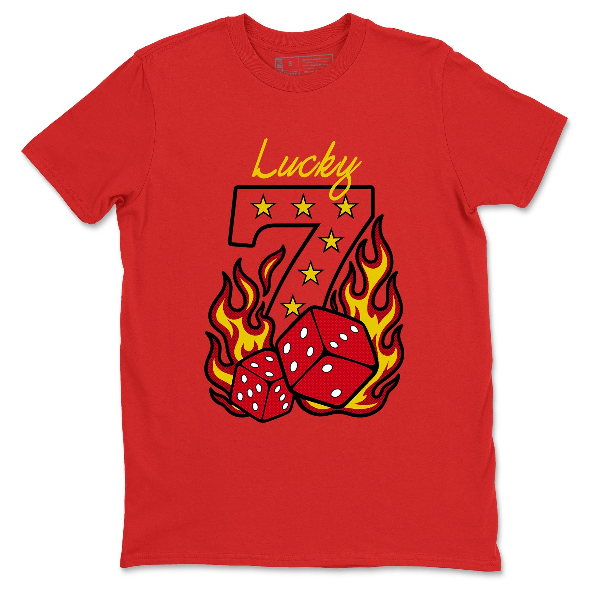 Lucky Seven sneaker match t-shirt styled to complete your fit with the Air Jordan 14 Challenge Red sneakers, shown in Red 2.