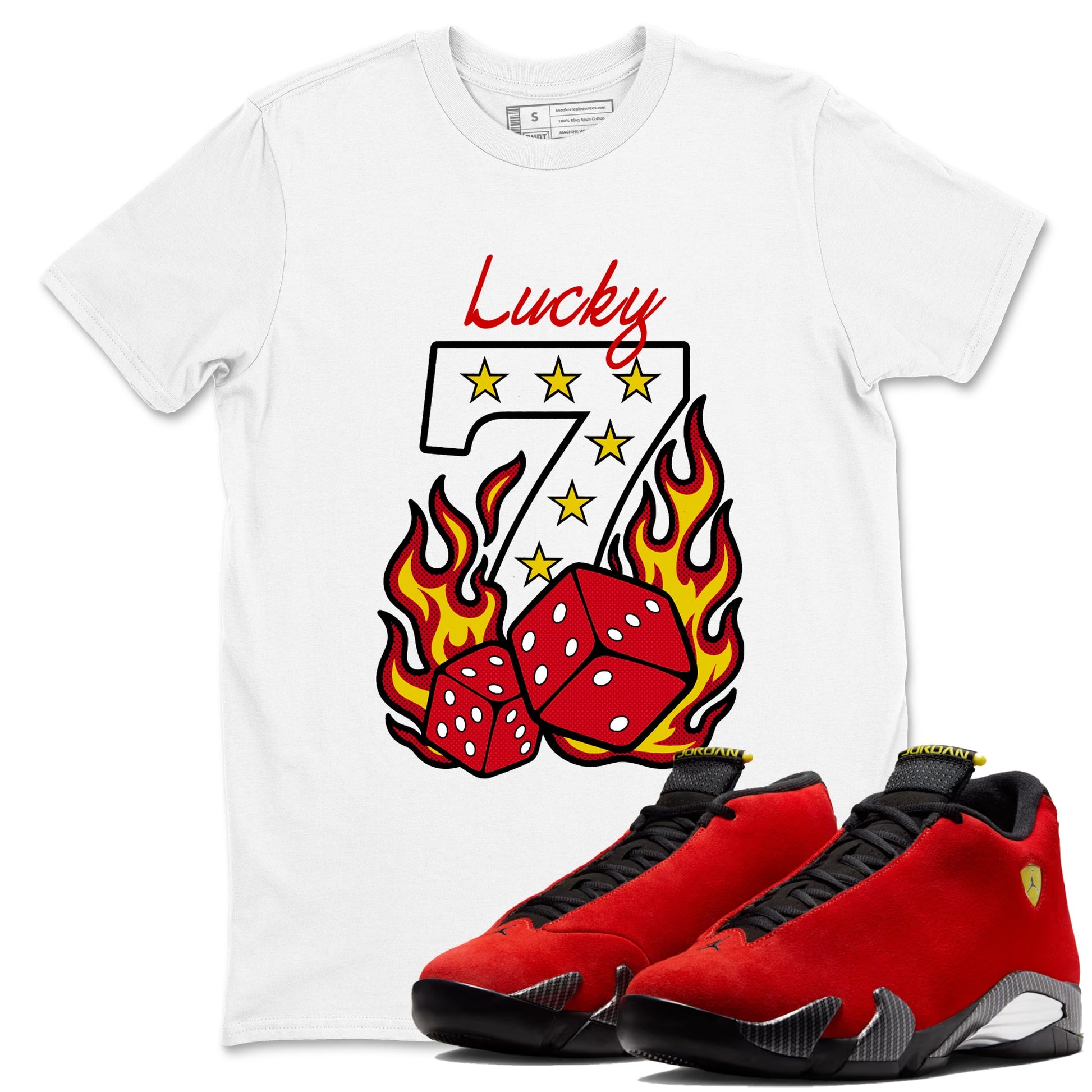Lucky Seven sneaker match t-shirt styled to complete your fit with the Air Jordan 14 Challenge Red sneakers, shown in White 1.