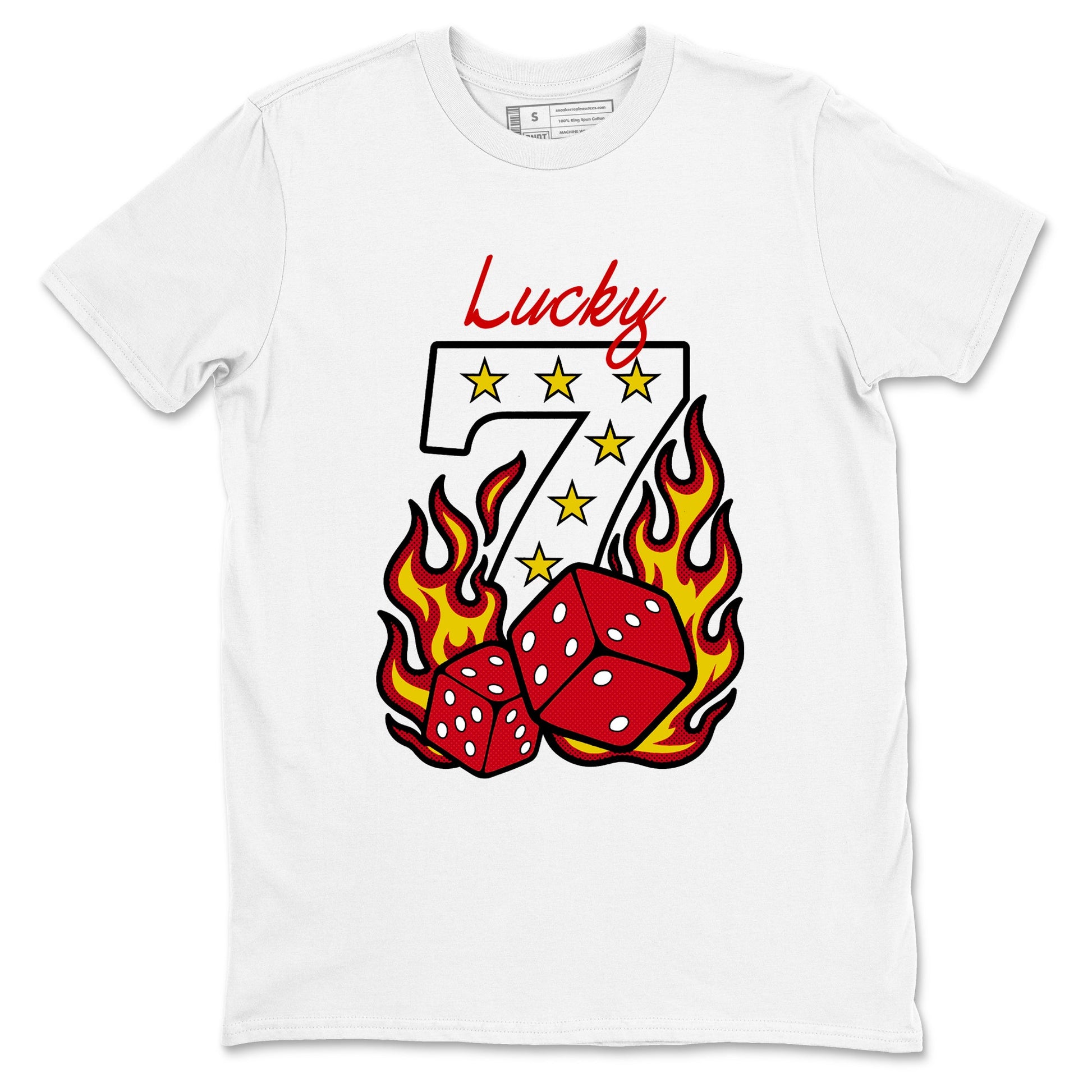 Lucky Seven sneaker match t-shirt styled to complete your fit with the Air Jordan 14 Challenge Red sneakers, shown in White 2.
