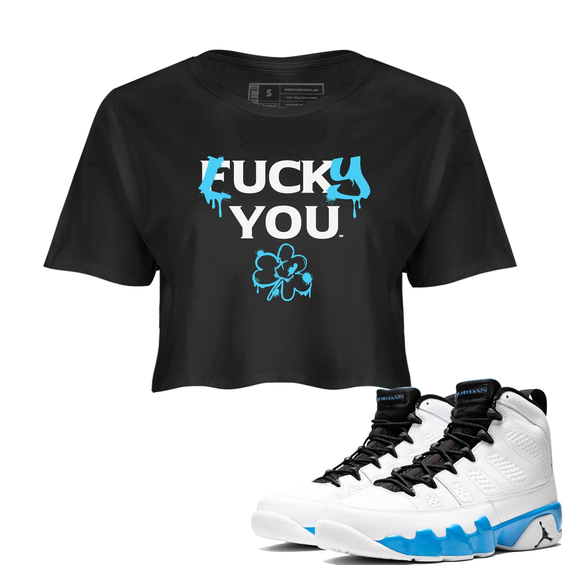 9s Powder Blue shirt to match jordans Lucky You sneaker tees Air Jordan 9 Powder Blue Streetwear Brand Streetwear Brand SNRT Sneaker Release Tees Black 1 crop length shirt