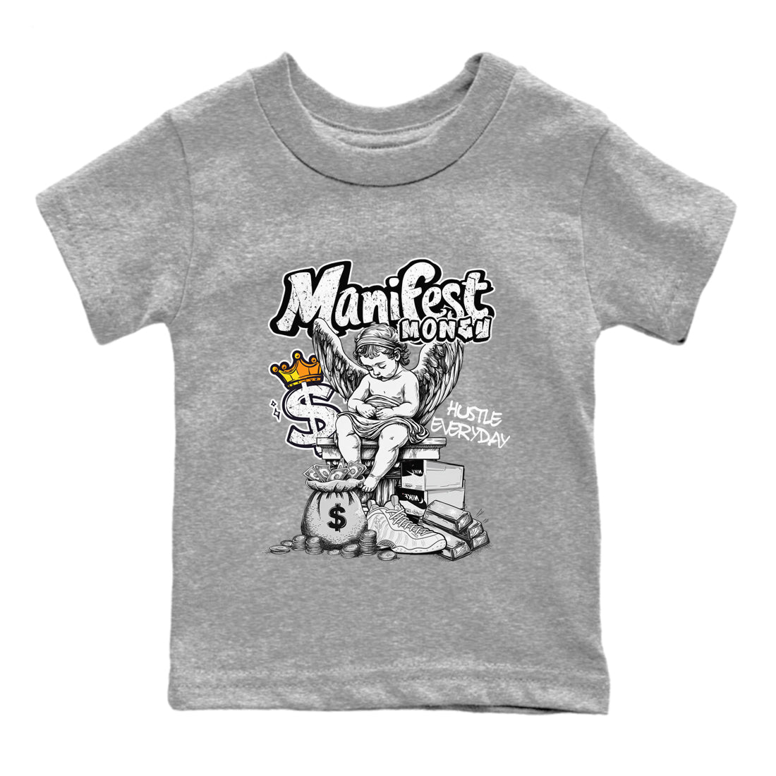 Manifest Money baby and kids t-shirt crafted for little sneakerheads to shine with the Air Foamposite One Triple White sneakers, displayed in Heather Grey 2.