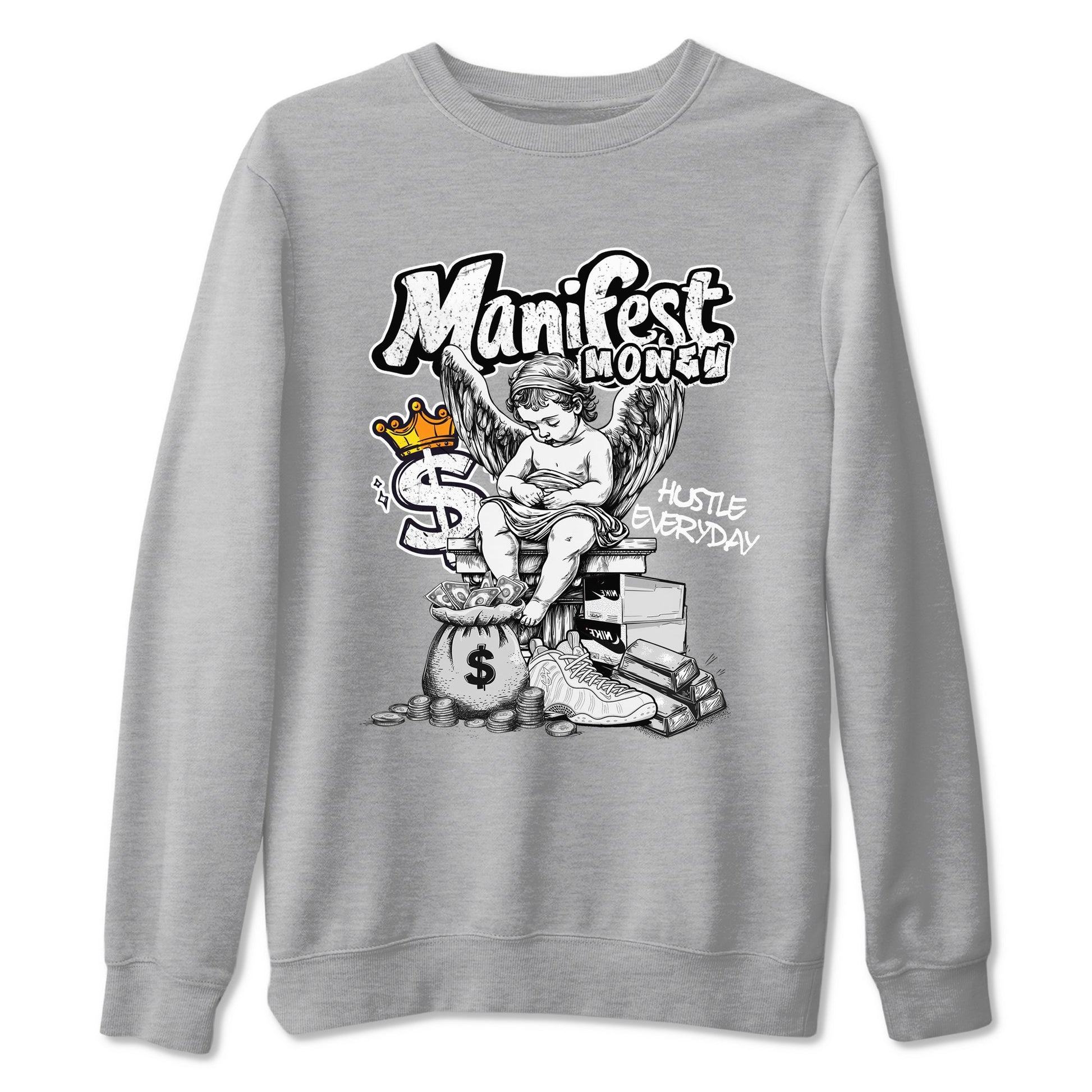 Manifest Money sneaker match t-shirt styled to complete your fit with the Air Foamposite One Triple White sneakers, shown in Heather Grey 2.
