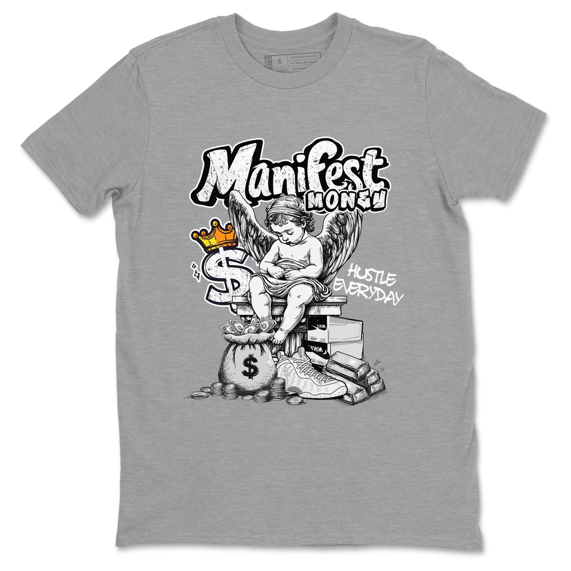 Manifest Money sneaker match t-shirt styled to complete your fit with the Air Foamposite One Triple White sneakers, shown in Heather Grey 2.