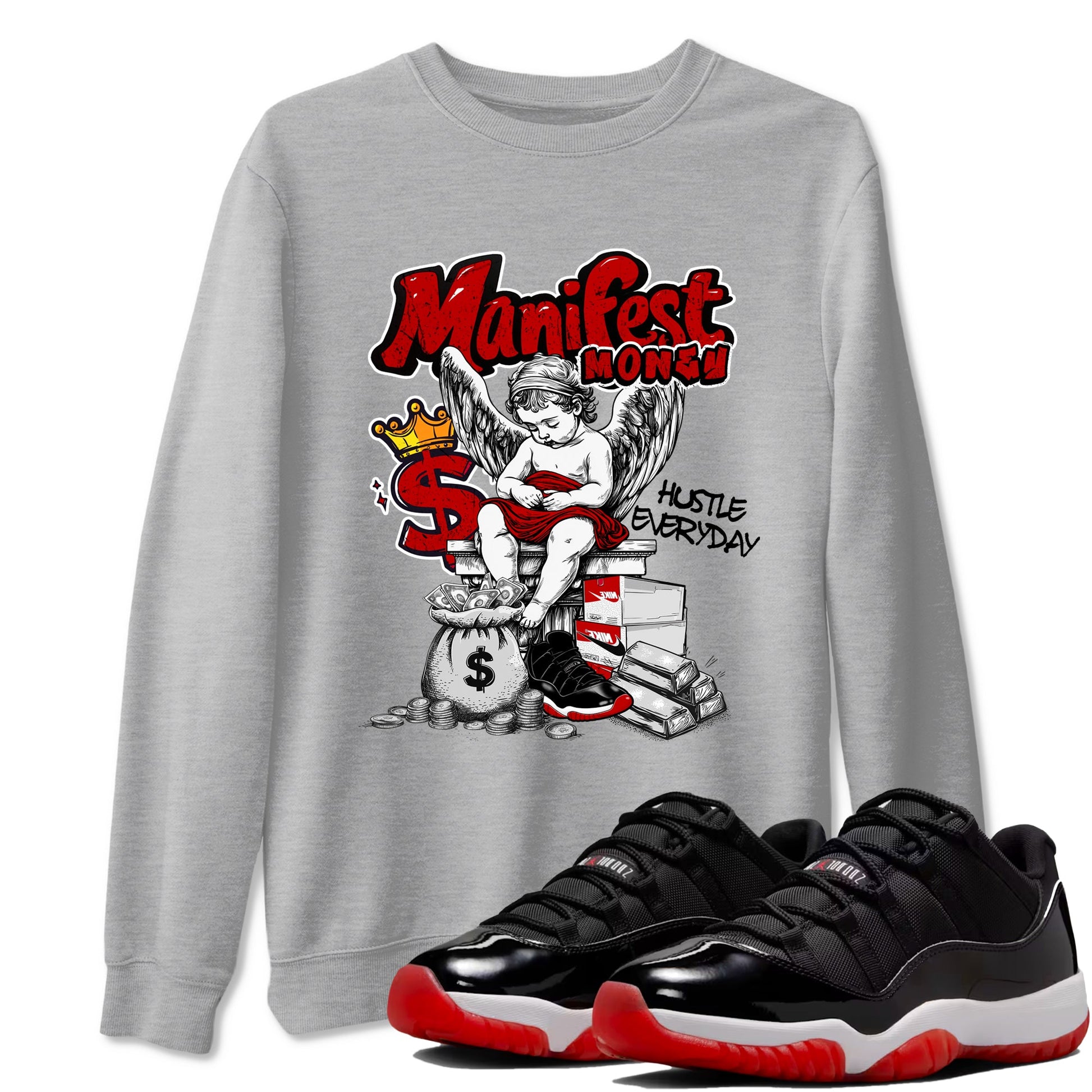 11s Bred shirts to match jordans Manifest Money sneaker match tees Air Jordan 11 Retro Bred match shoes to clothes SNRT Sneaker Tees unisex cotton Heather Grey 1 shirts