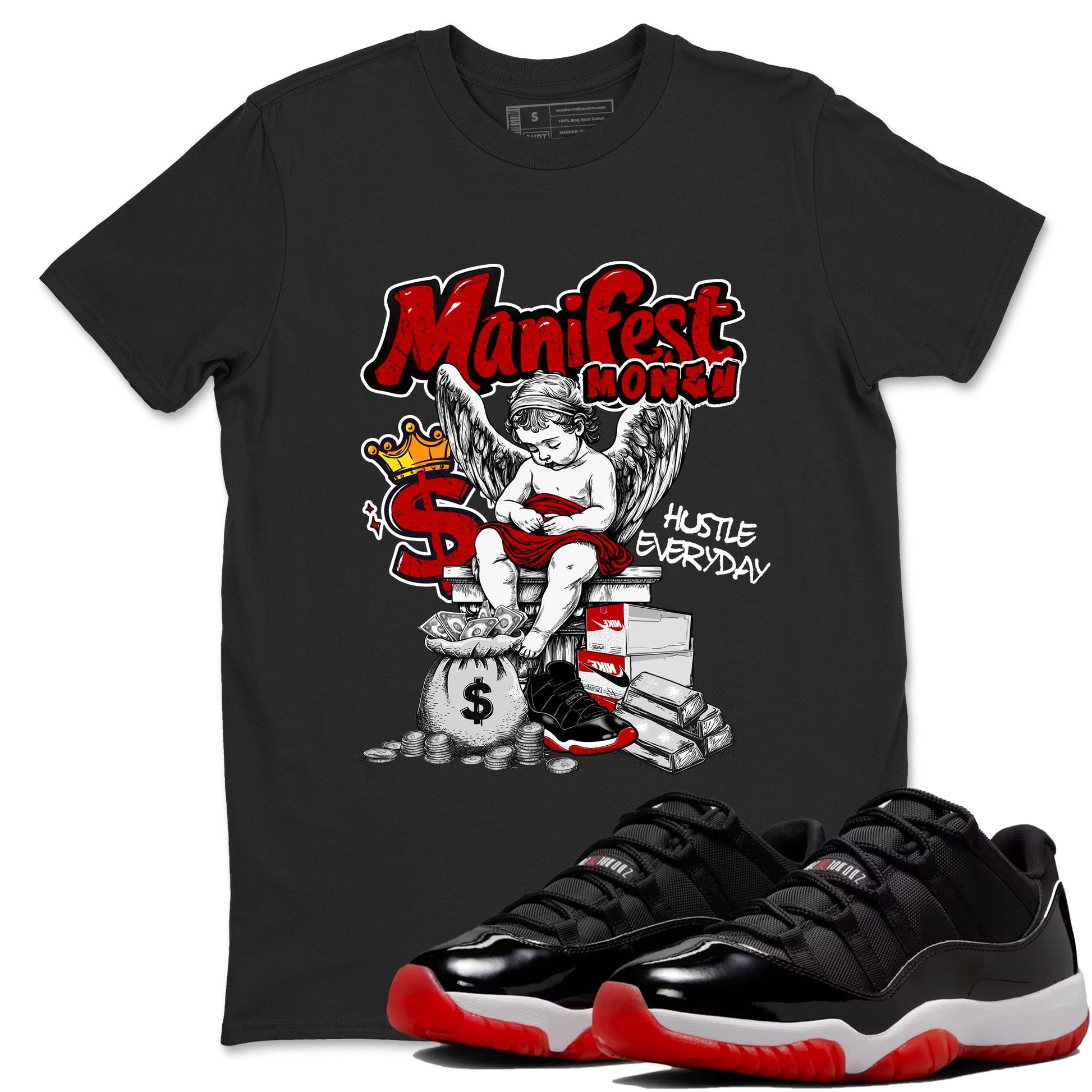 11s Bred shirts to match jordans Manifest Money sneaker match tees Air Jordan 11 Retro Bred match shoes to clothes SNRT Sneaker Tees unisex cotton Black 1 shirts