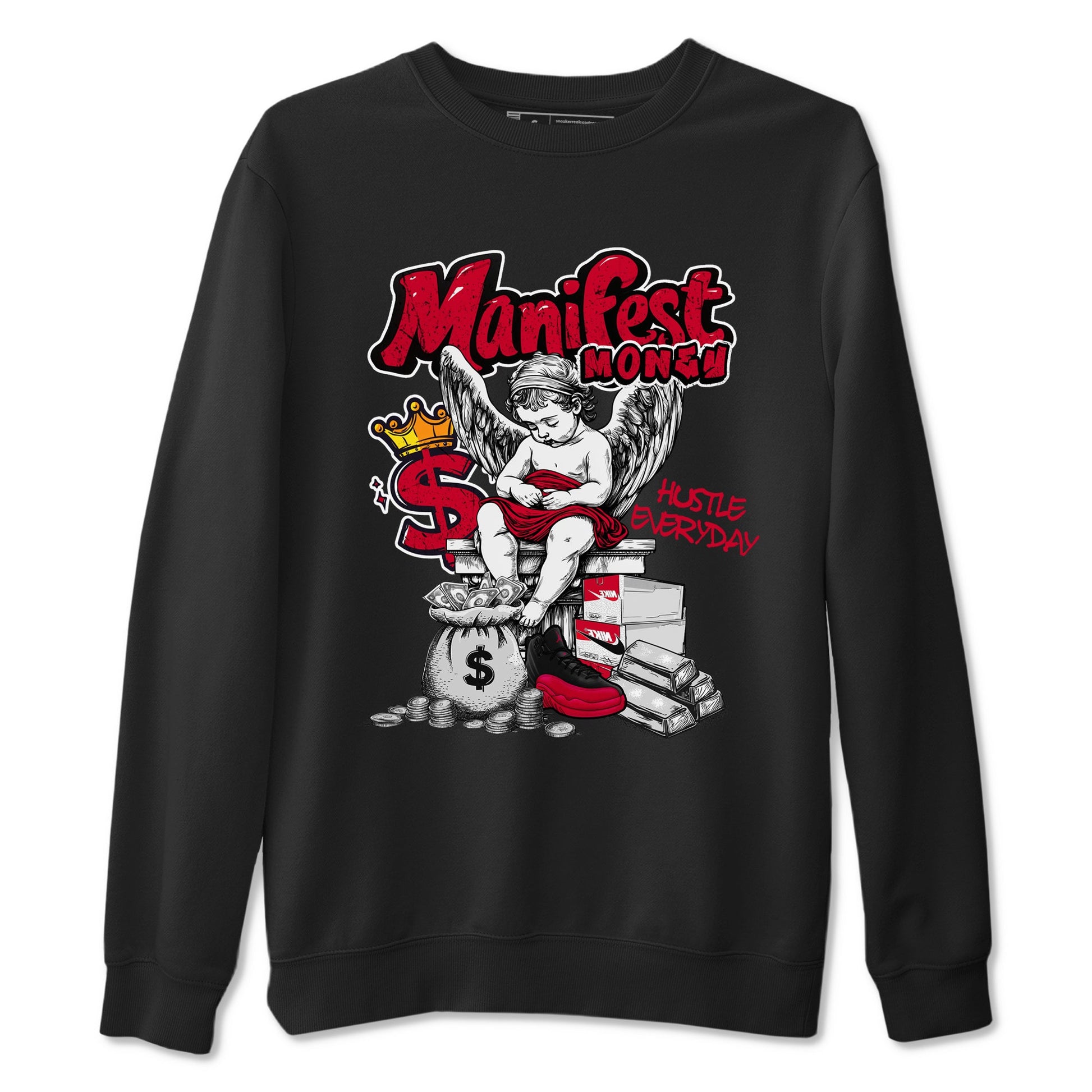 12s Retro Flu Game shirts to match jordans Manifest Money best t shirts to wear with jordans Air Jordan 12 Black and Varsity Red match shoes to clothes SNRT Sneaker Tees unisex cotton Black 2 shirts