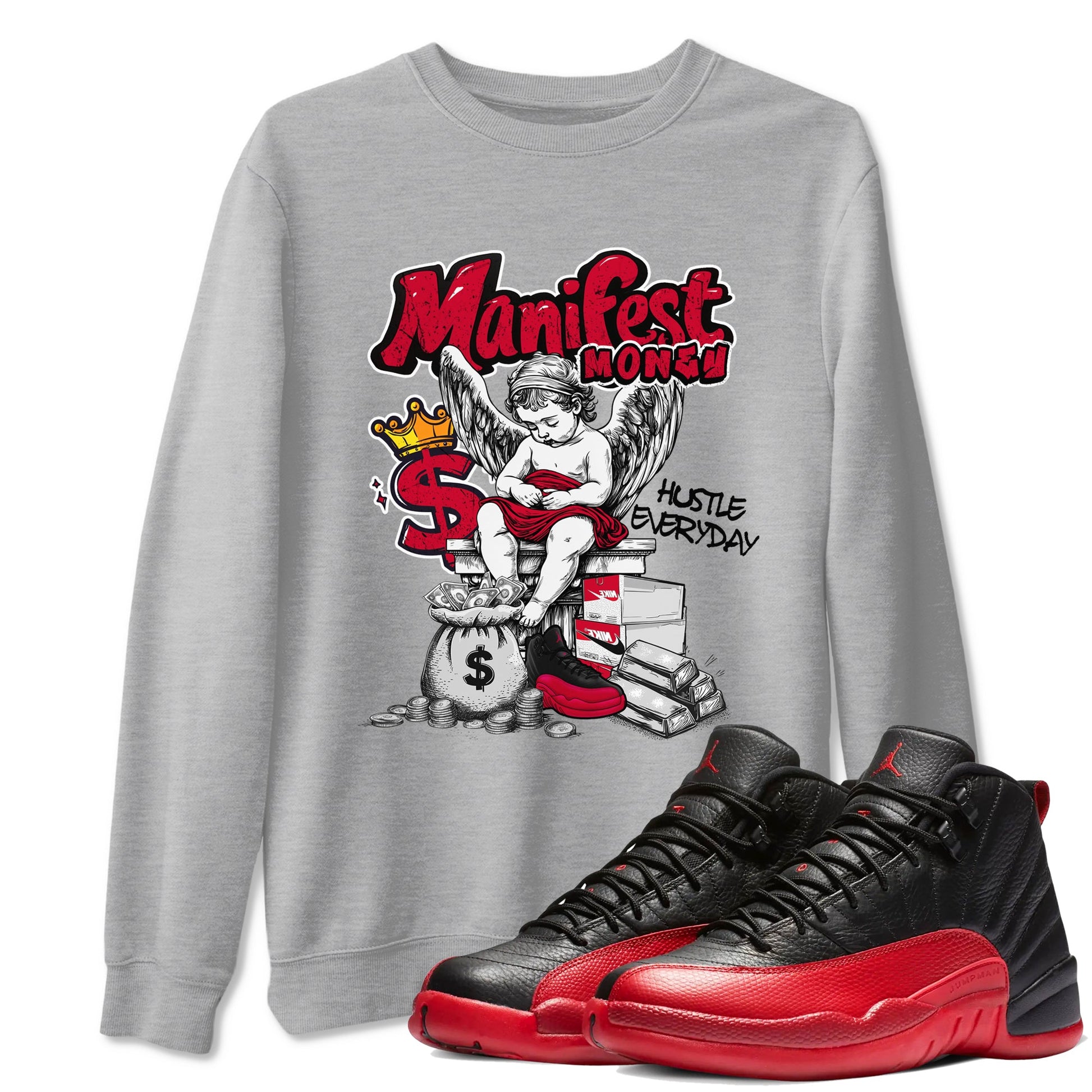 12s Retro Flu Game shirts to match jordans Manifest Money best t shirts to wear with jordans Air Jordan 12 Black and Varsity Red match shoes to clothes SNRT Sneaker Tees unisex cotton Heather Grey 1 shirts