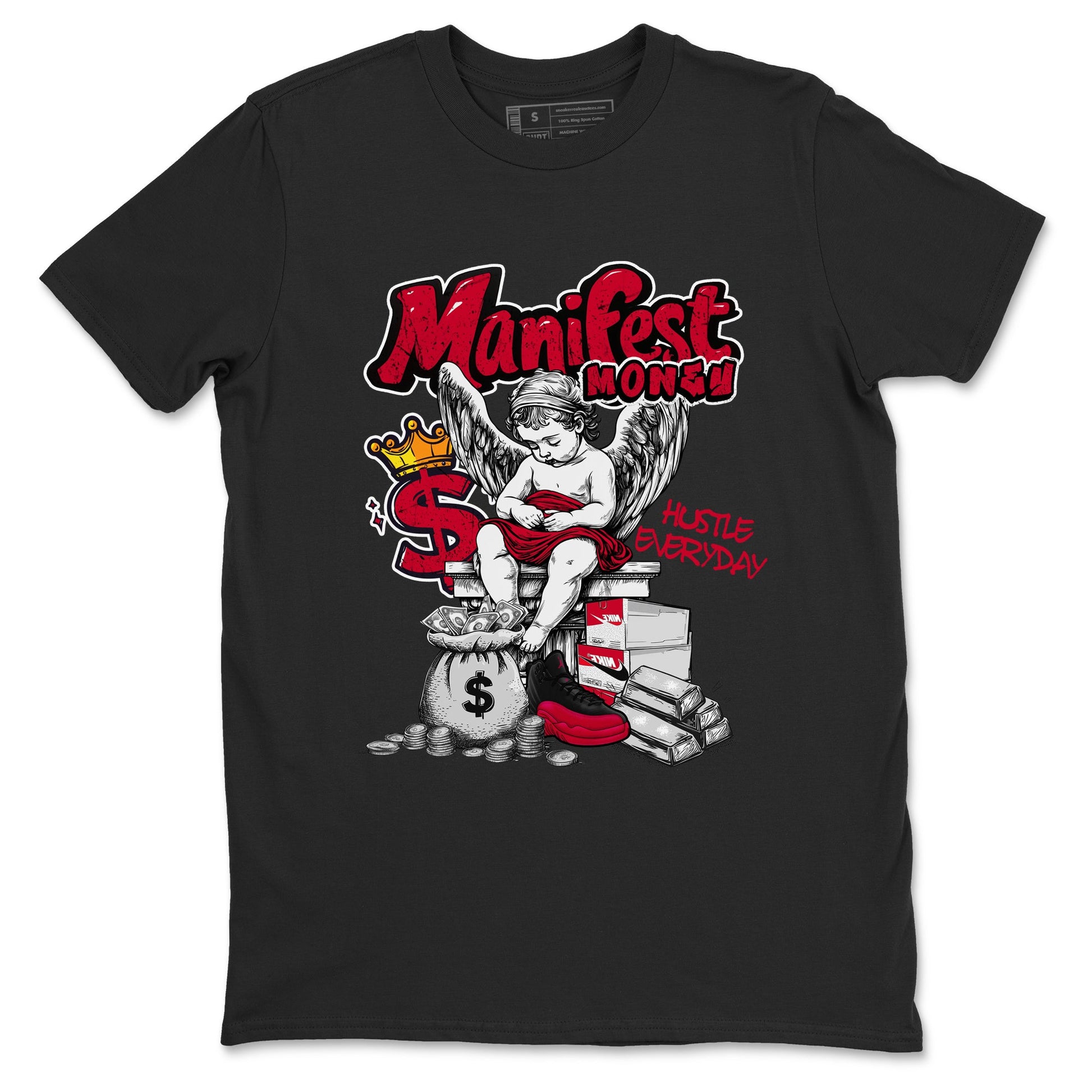 12s Retro Flu Game shirts to match jordans Manifest Money best t shirts to wear with jordans Air Jordan 12 Black and Varsity Red match shoes to clothes SNRT Sneaker Tees unisex cotton Black 2 shirts