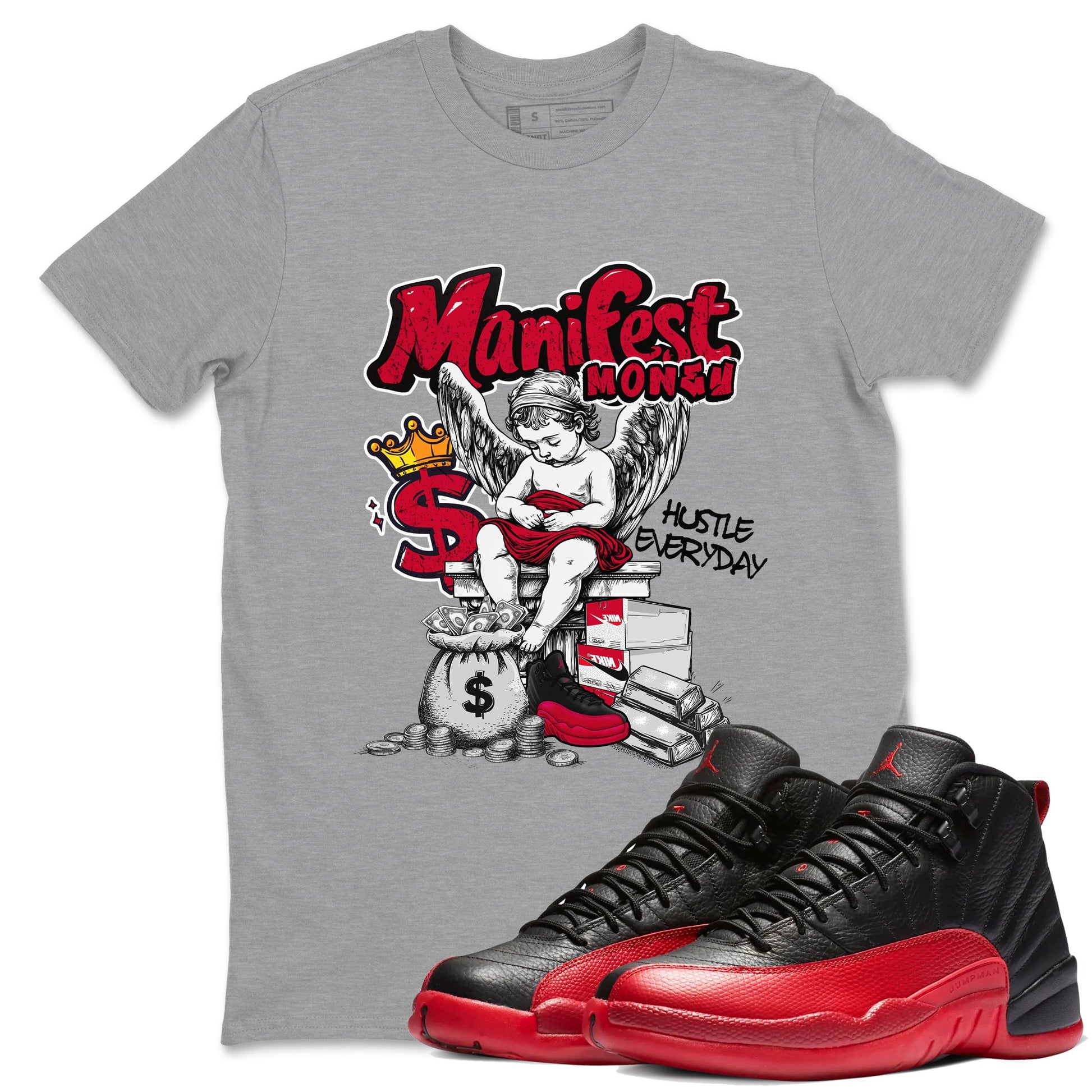 12s Retro Flu Game shirts to match jordans Manifest Money best t shirts to wear with jordans Air Jordan 12 Black and Varsity Red match shoes to clothes SNRT Sneaker Tees unisex cotton Heather Grey 1 shirts