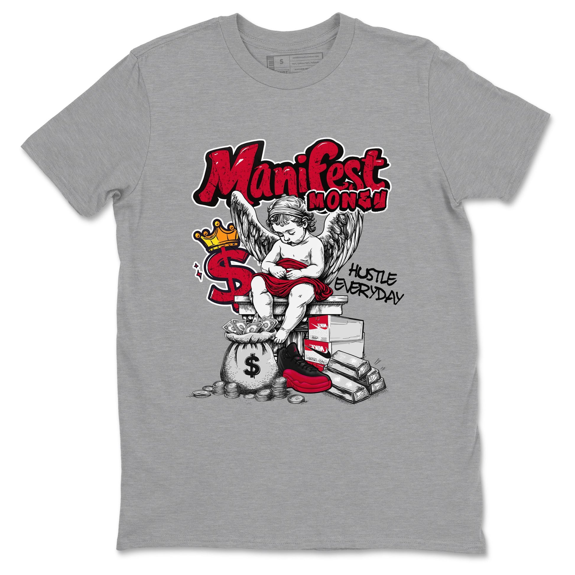 12s Retro Flu Game shirts to match jordans Manifest Money best t shirts to wear with jordans Air Jordan 12 Black and Varsity Red match shoes to clothes SNRT Sneaker Tees unisex cotton Heather Grey 2 shirts