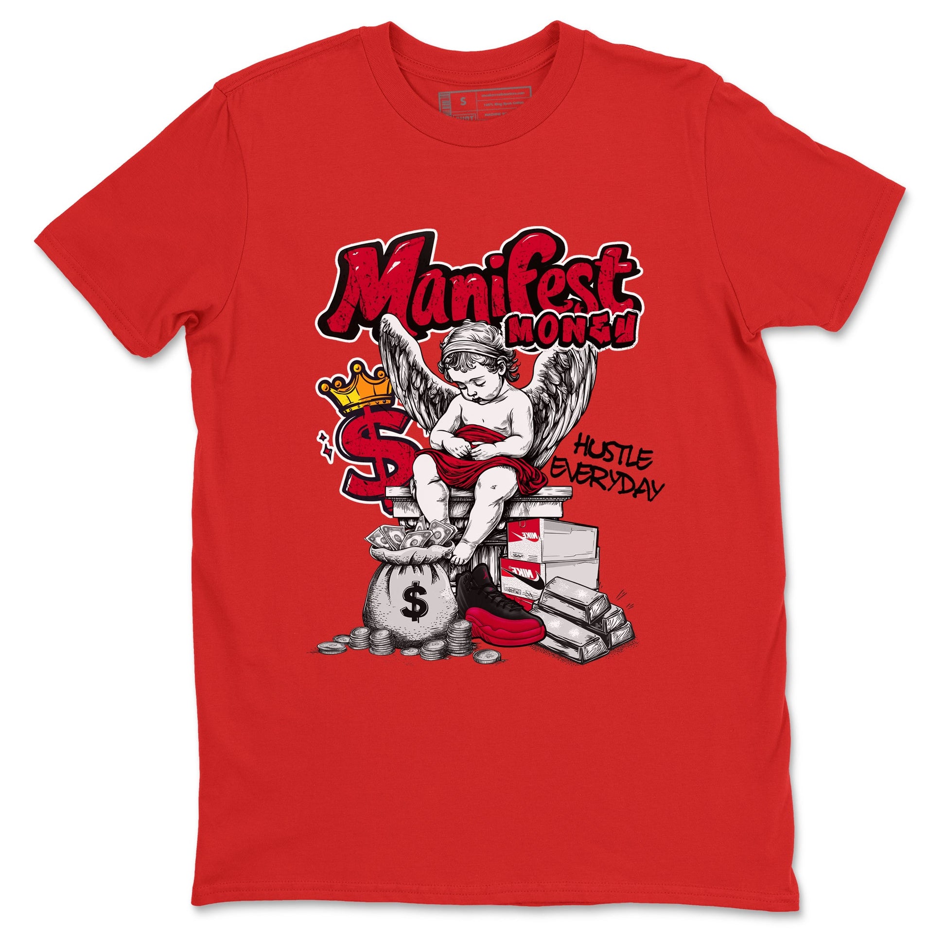 12s Retro Flu Game shirts to match jordans Manifest Money best t shirts to wear with jordans Air Jordan 12 Black and Varsity Red match shoes to clothes SNRT Sneaker Tees unisex cotton Red 2 shirts
