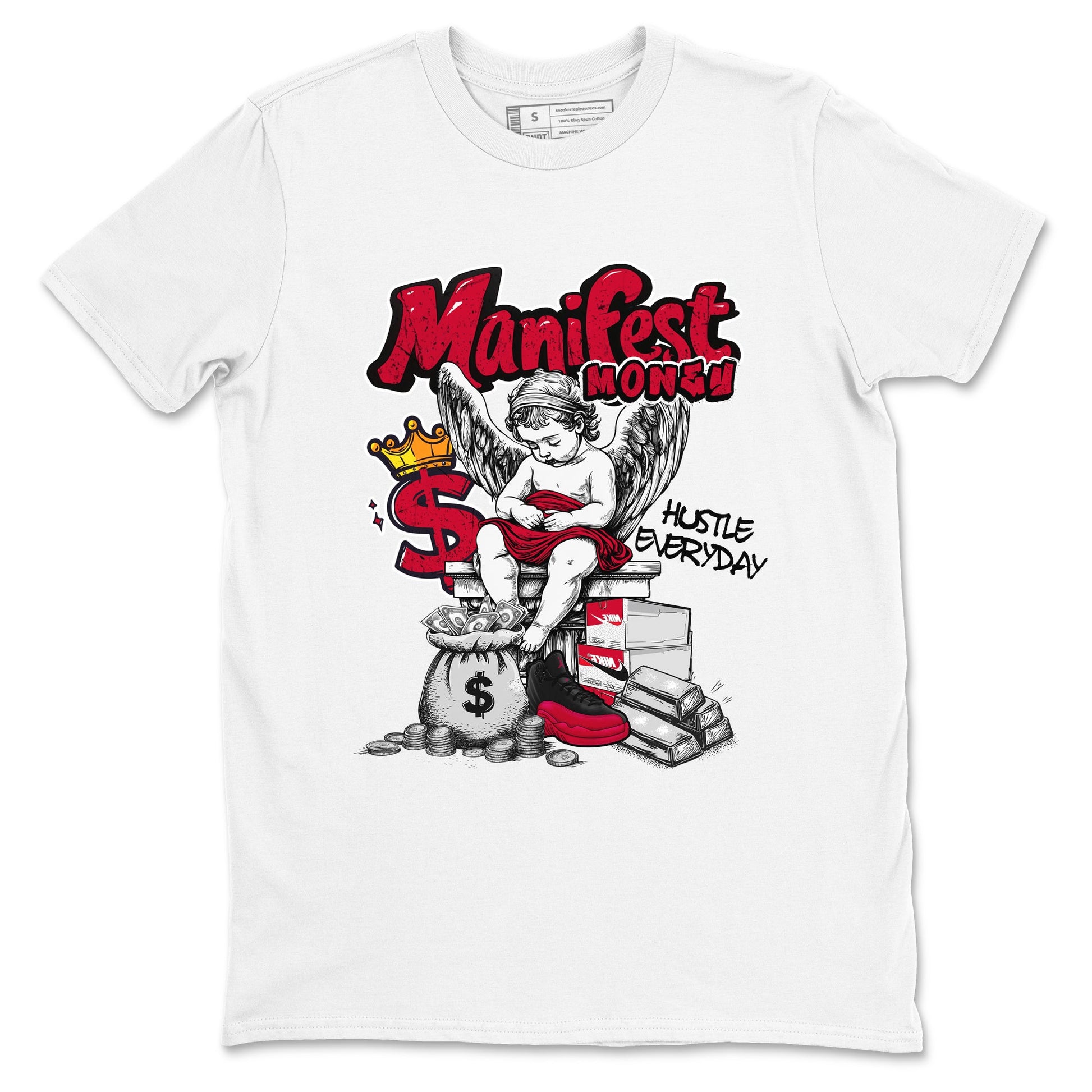 12s Retro Flu Game shirts to match jordans Manifest Money best t shirts to wear with jordans Air Jordan 12 Black and Varsity Red match shoes to clothes SNRT Sneaker Tees unisex cotton White 2 shirts