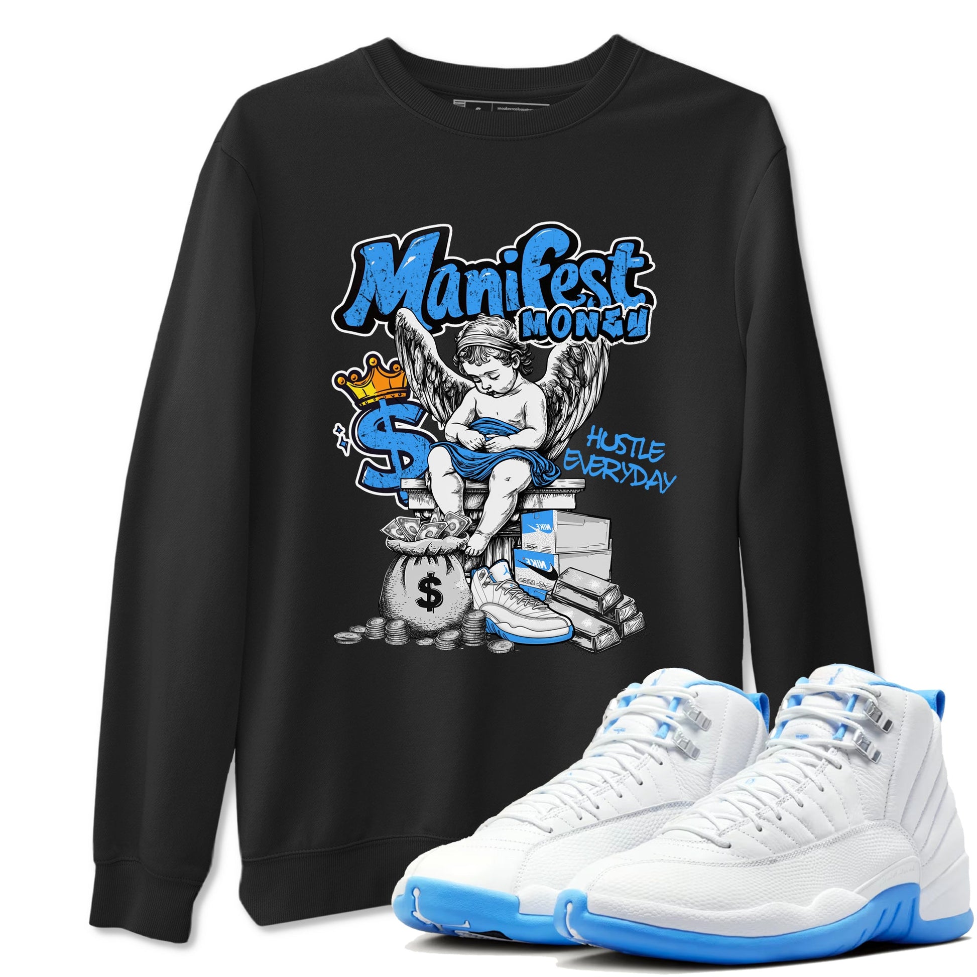 Manifest Money sneaker match t-shirt styled to complete your fit with the Air Jordan 12 White and University Blue sneakers, shown in Black 1.