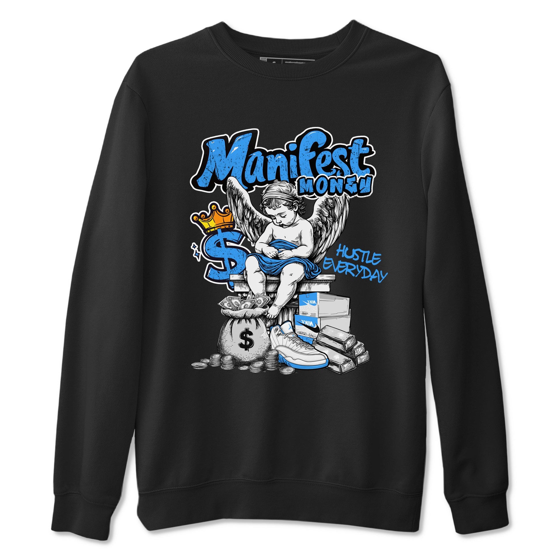 Manifest Money sneaker match t-shirt styled to complete your fit with the Air Jordan 12 White and University Blue sneakers, shown in Black 2.